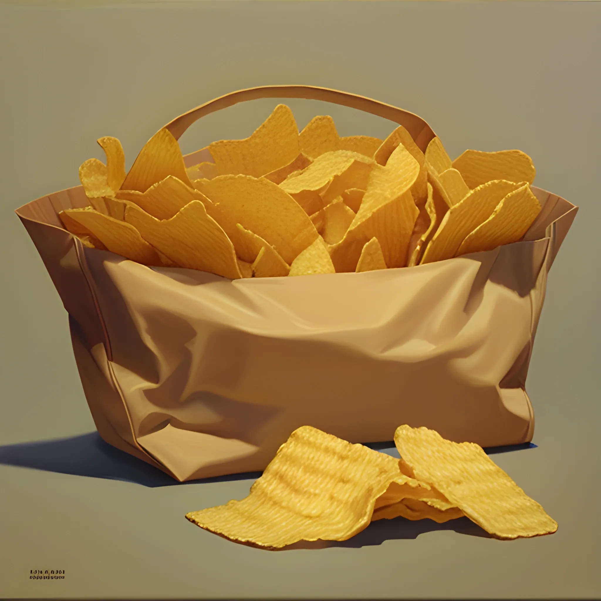 hyperreaslistic painting of a bag of potato chips by Claudio Bravo