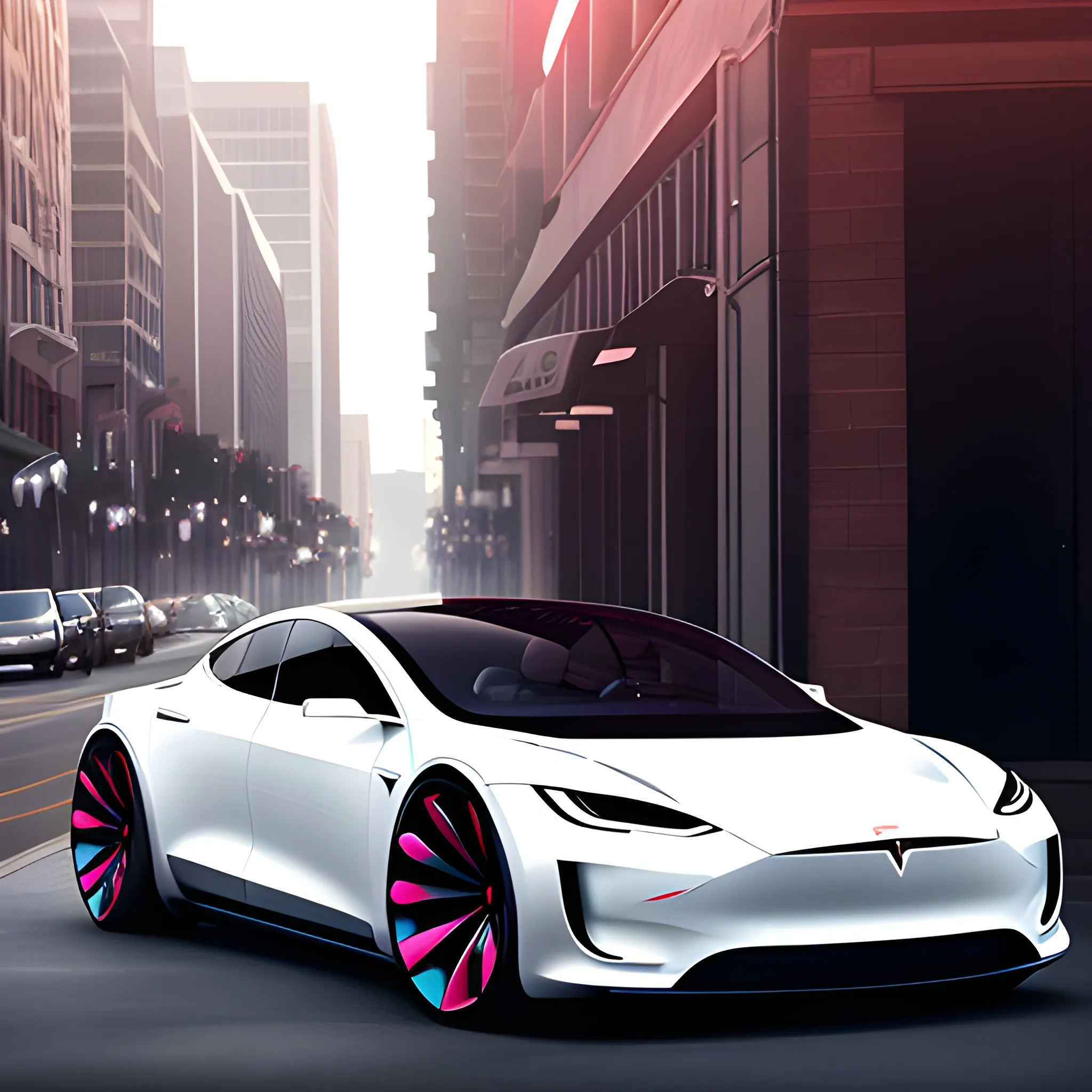 tesla concept car, sedan, car design, photography, automotive design, downtown, 4k, concept, future, colorful, dramatic lighting, hyper detailed, hyper realistic detailed