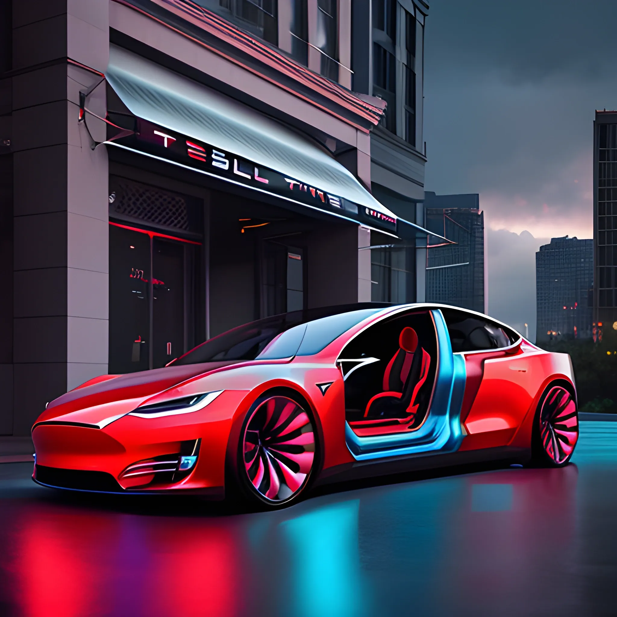 tesla concept car, sedan, car design, photography, automotive design, downtown, 4k, concept, future, colorful, dramatic lighting, hyper detailed, hyper realistic detailed