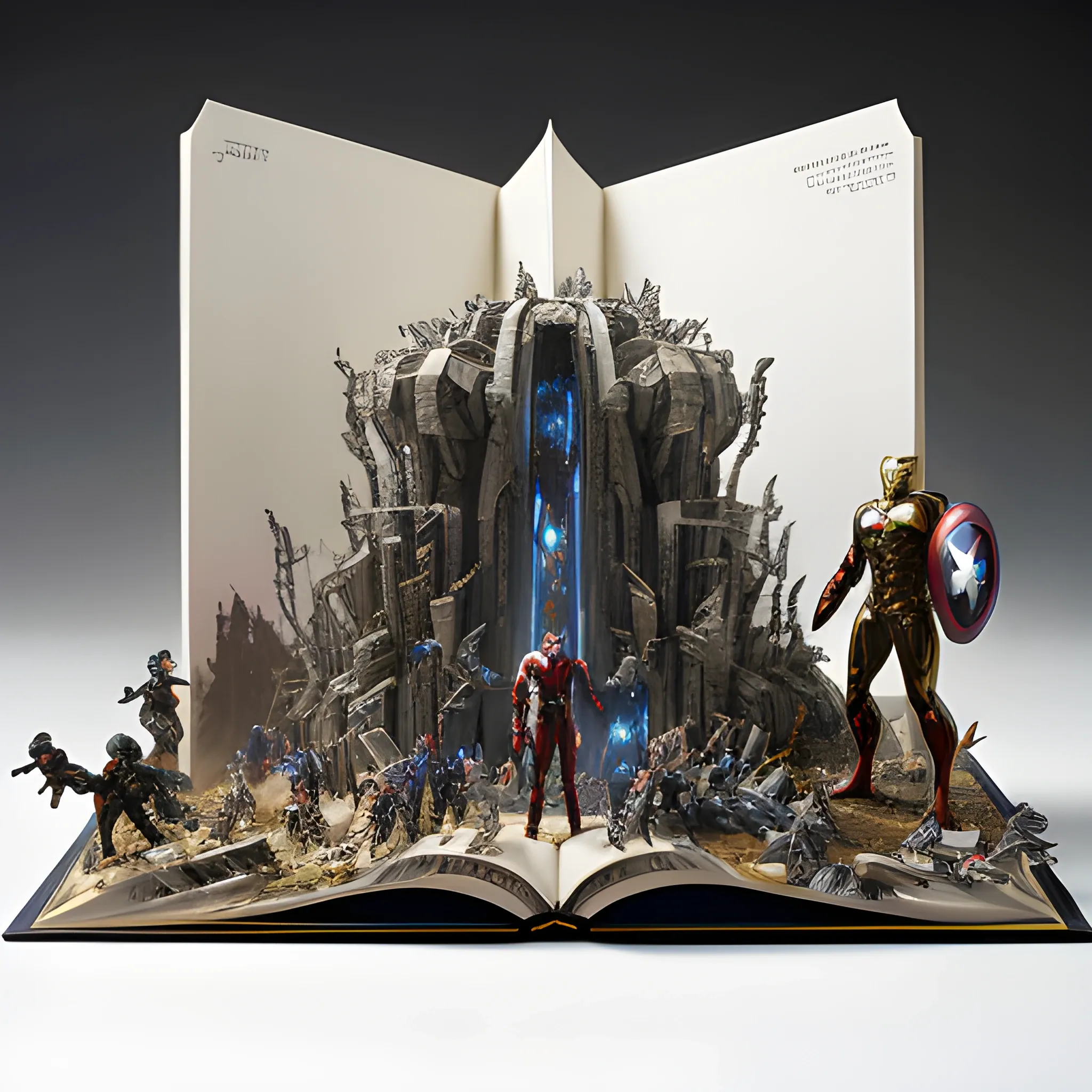 Avengers: Infinity War, diorama, pop up book in a open book made from white papers, trending on art-station, sharp focus, studio photo, intricate details, highly detailed,