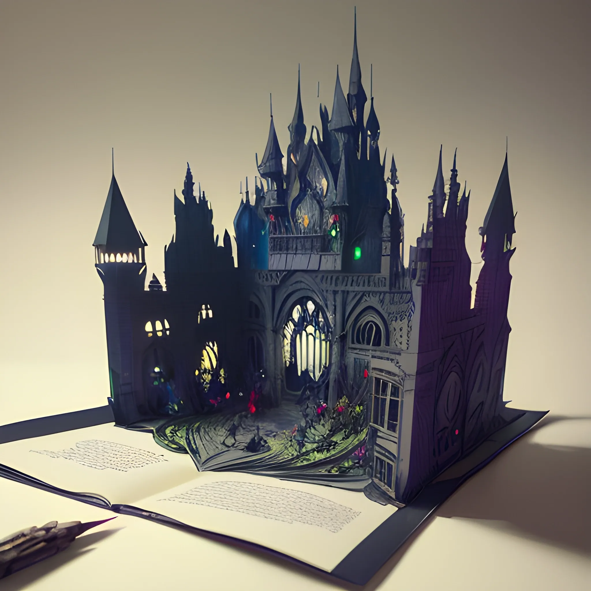 Pop-Up Book Art creation, intricate paper sculptures, delicate cutouts, book transforms into three-dimensional masterpieces, enchanted, magical, surreal ambiance, Avengers: Infinity War theme, matte painting aesthetic, CGSociety trend, ArtStation trend, vibrant colors, cinematic character render, ultra high-quality model, epic, ominous undertone, highly detailed, production cinematic character render by greg rutkowski