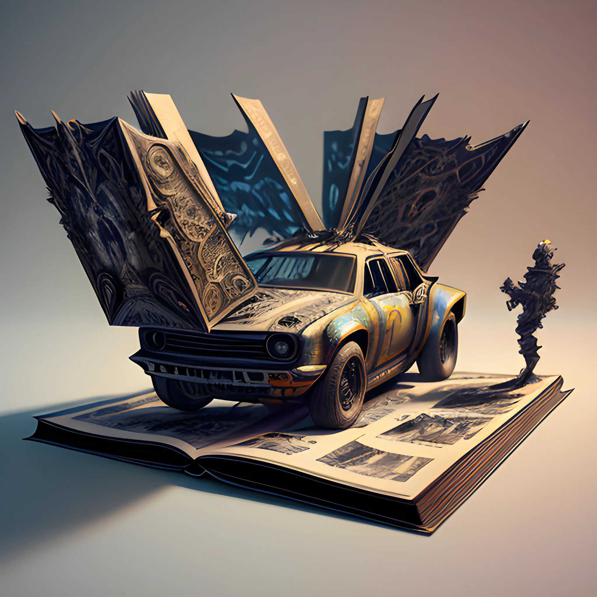 Pop-Up Book Art: book transforms into three-dimensional masterpieces, enchanted, magical, Mad Max theme, motion speed, CGSociety trend, Art-station trend, vibrant colors, cinematic character render, ultra high-quality model, epic, ominous undertone, highly detailed, production cinematic character render by greg rutkowski