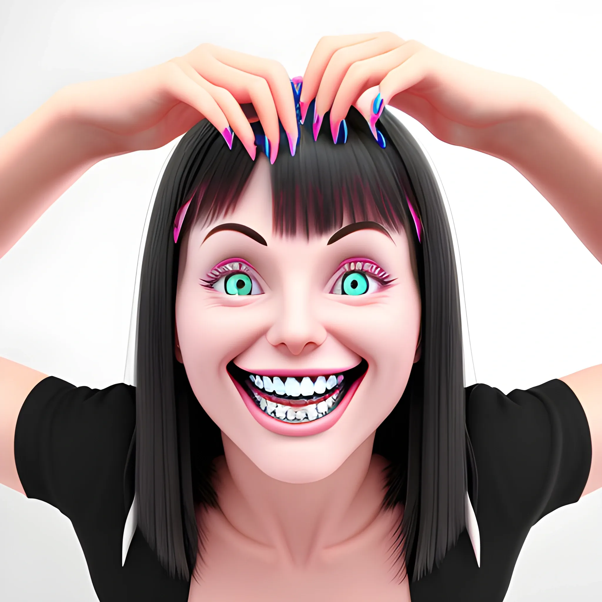 woman showing off her nails while smiling with her teeth, 3D, Trippy