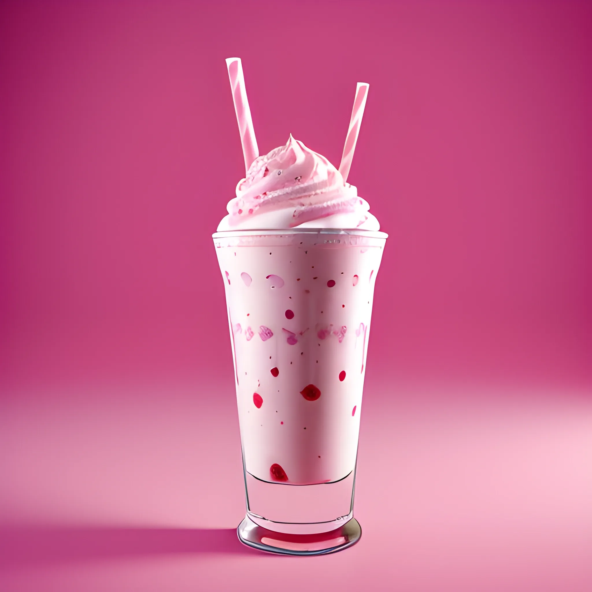 food photography of a milk shake with flying strawberrys against a pink background, professionally studio shot with cinematic lighting. The image is in the style of a professional studio shot --ar 85:128 --v 6.0 --style raw, 3D