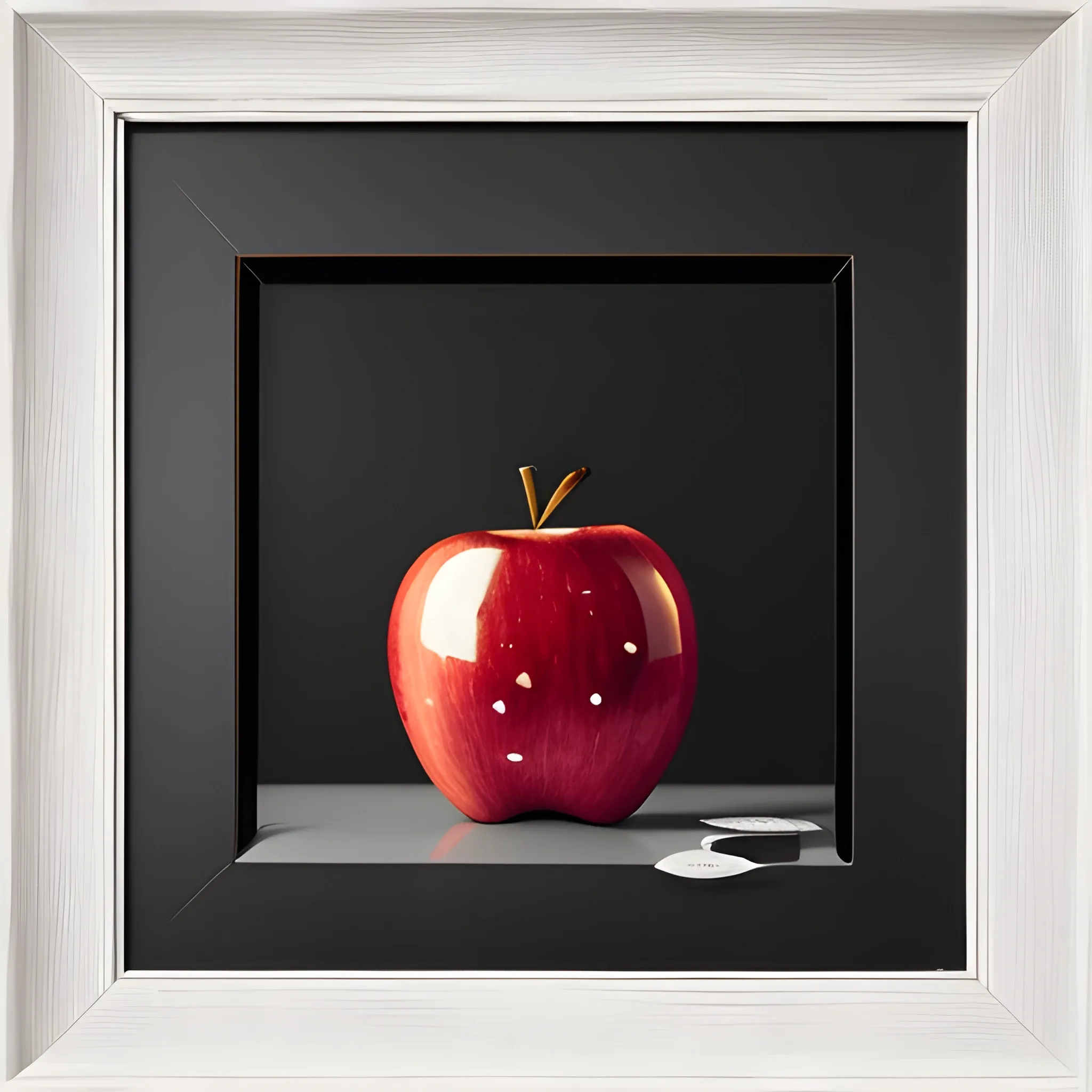 a red apple hanged in a framed white frame for stocksy united, in the style of minimalist still lifes, dark black and yellow, money themed, recycled material murals, solid and structured, photo-realistic still life --ar 85:128 --v 6.0 --style raw