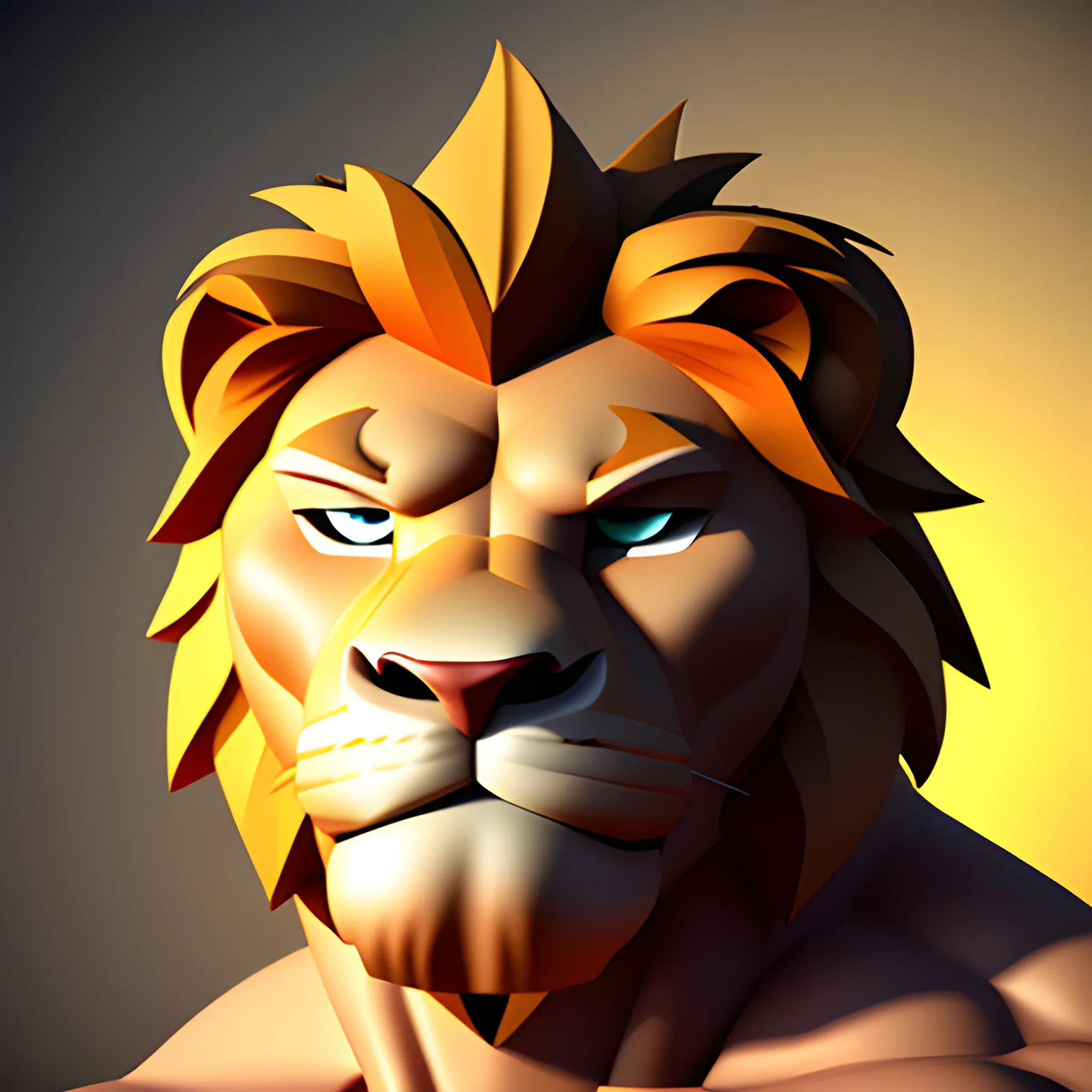 create a 3d cartoon with a strong muscle man with a lion head
