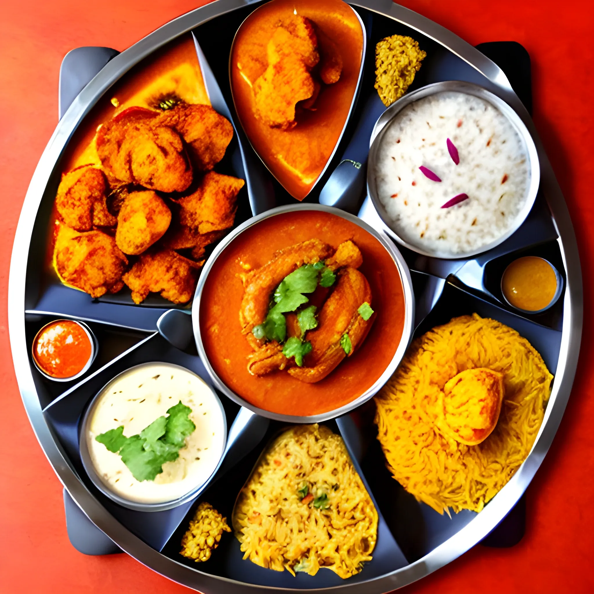 a platter of indian food with a cat in the middle