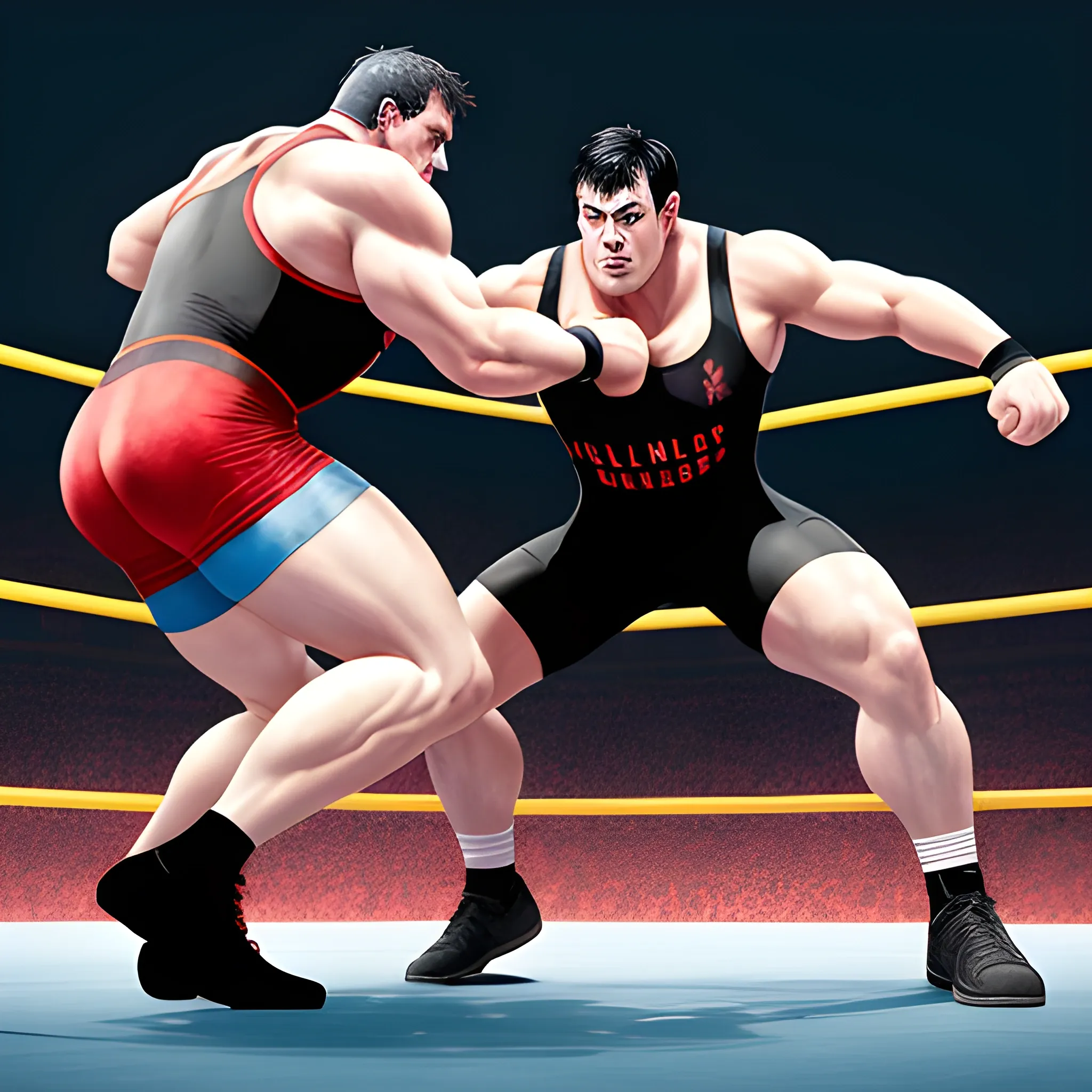 (Henry, firefighter, athletic build, 180 pounds, short black hair, red singlet) and (Jack, cop, athletic build, 190 pounds, short black hair, blue singlet) stand transformed into heavy-set giants, engaged in a fierce final match. The wrestling ring is their arena, and their immense size and strength create a captivating spectacle. The audience watches in awe as the two colossal figures clash, their powerful movements shaking the ground. Ultimately, the match concludes in yet another thrilling draw.