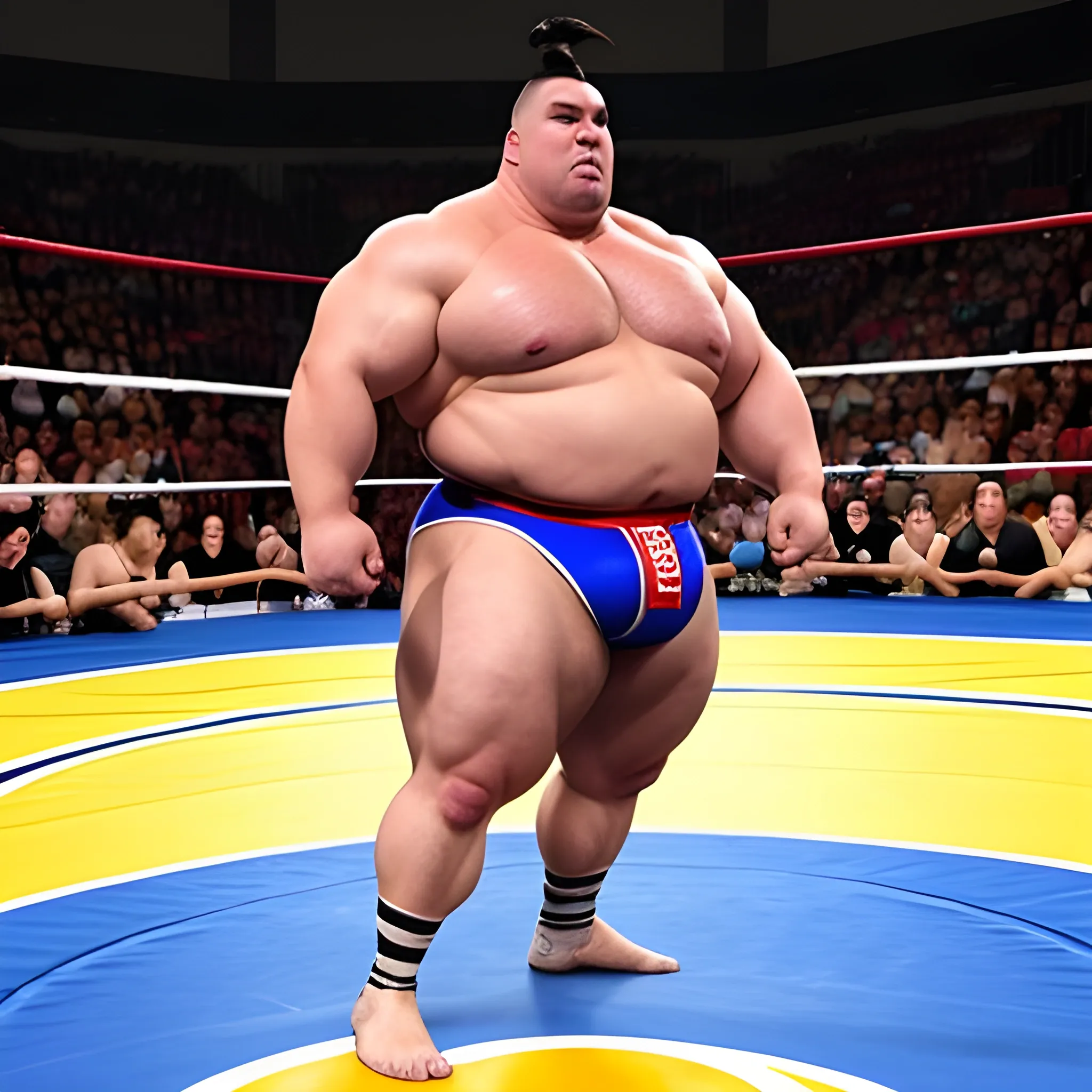 In a dramatic transformation, Zac, a young muscular wrestler from team USA, witnesses his body bulking up and his wrestling singlet morphing into a traditional sumo Mawashi. The scene is filled with energy and power as Zac embraces his new form, ready to take on the sumo wrestling world.