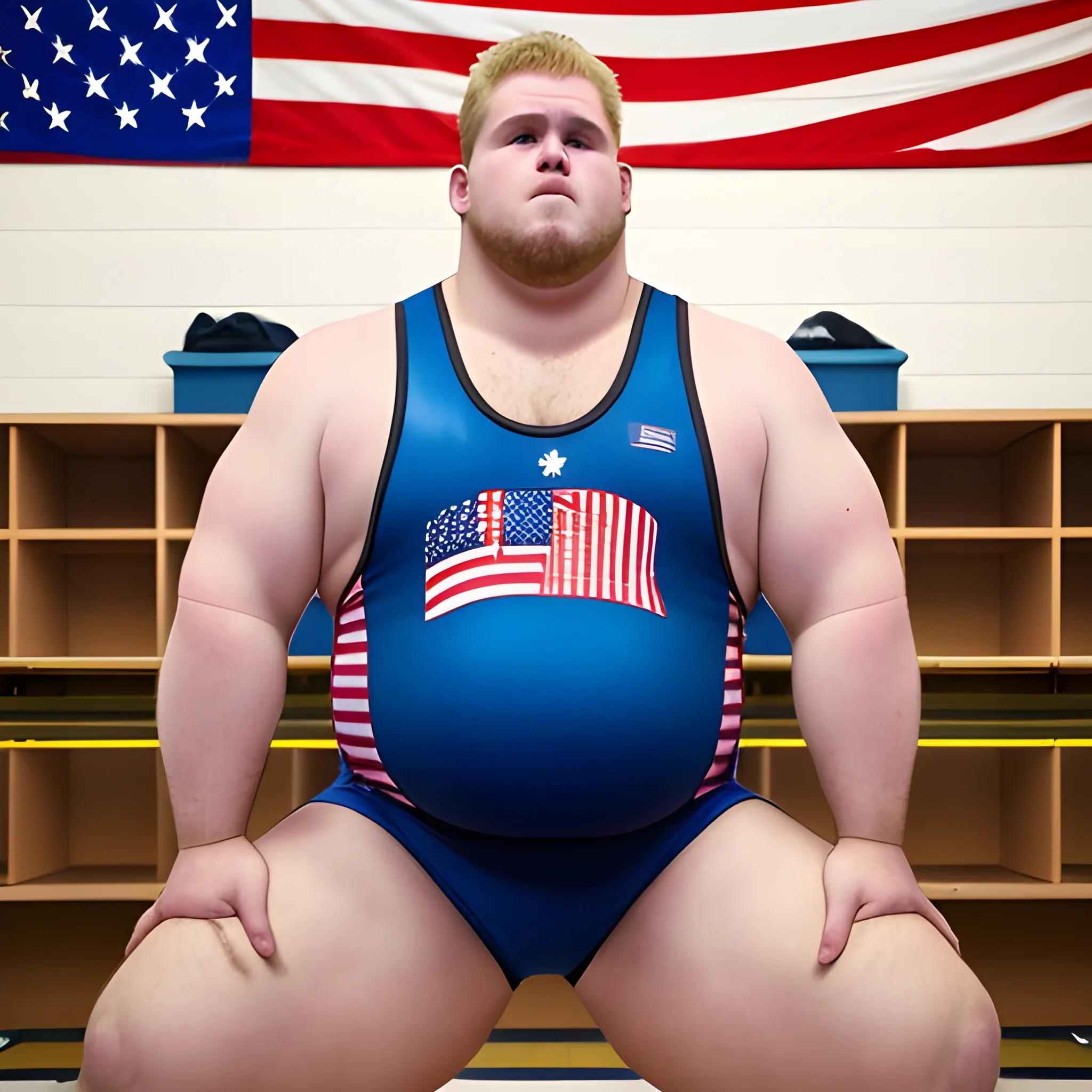 (Zac, American wrestler, Caucasian, heavyset build, short blonde hair, big belly) He squeezed into his old singlet .hastily prepares for his next match in the locker room of the Olympics wrestling arena. Zac with a focused expression, stands ready in his tight-worn singlet.