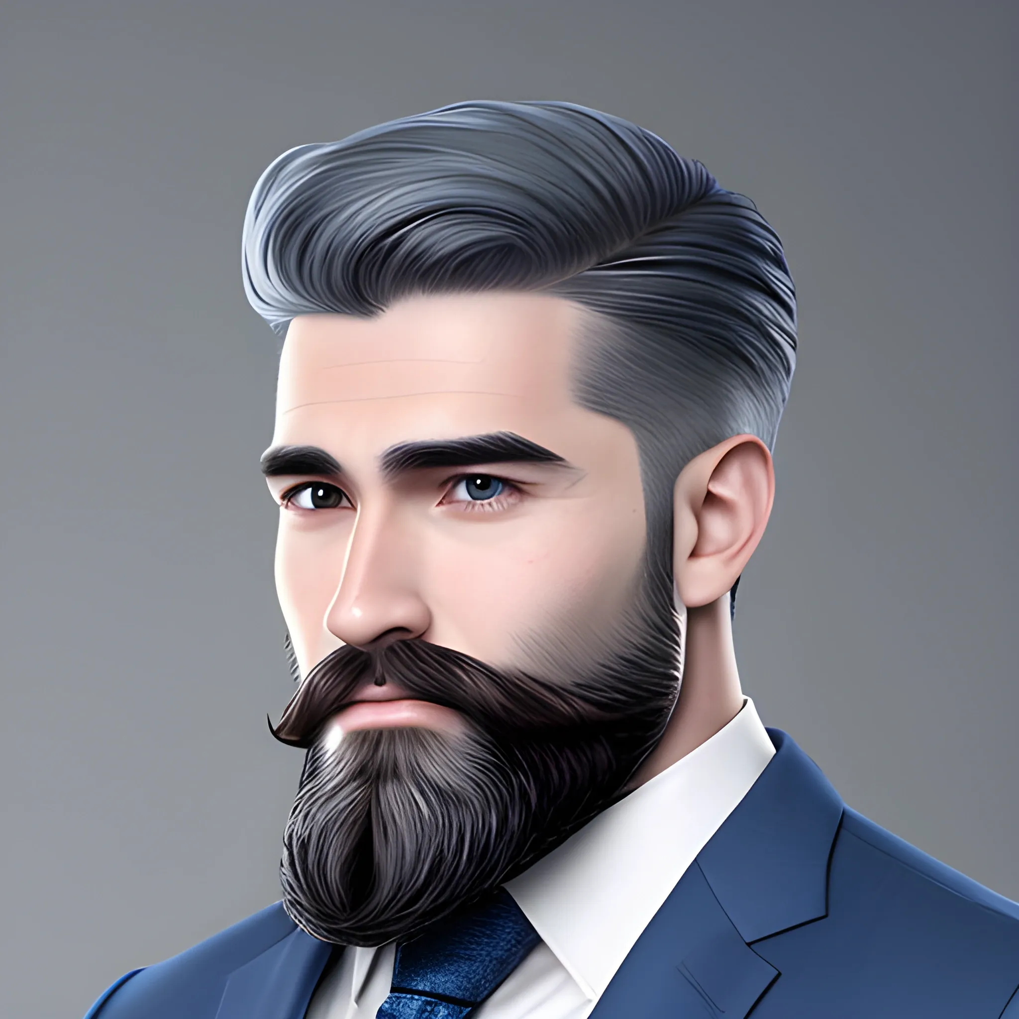 Handsome man in his 30s, with groomed beard and medium build, working in the office, photo realistic style, blue, gray colors