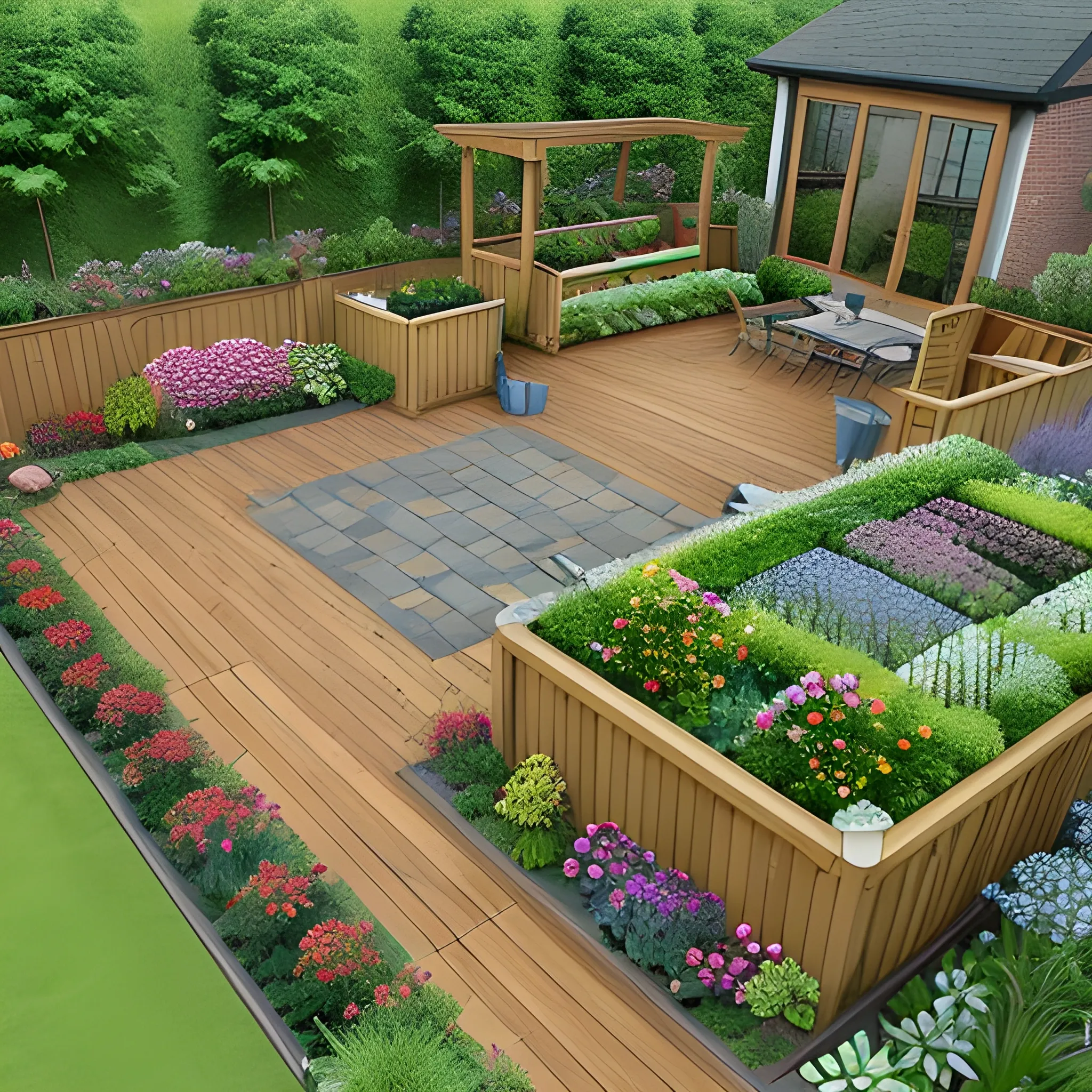 garden layout design, birds-eye view, decking, railway sleepers, planters, flowers, trees, paths, Water Color