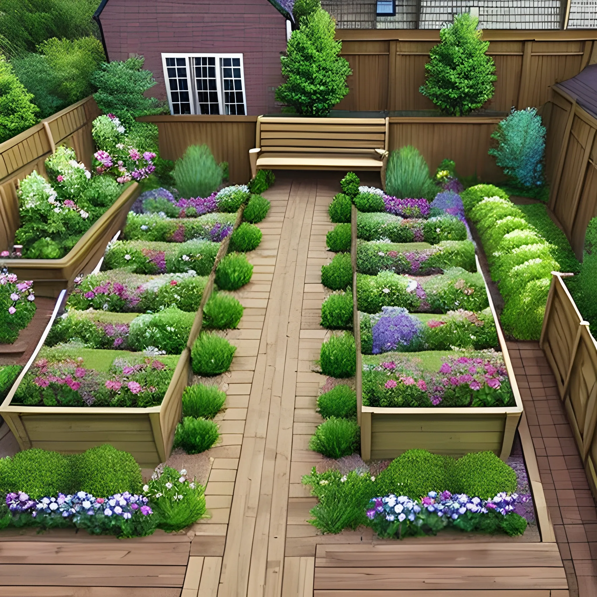 garden layout design, birds-eye view, decking, railway sleeper border, planters, flowers, trees, paths, Water Color