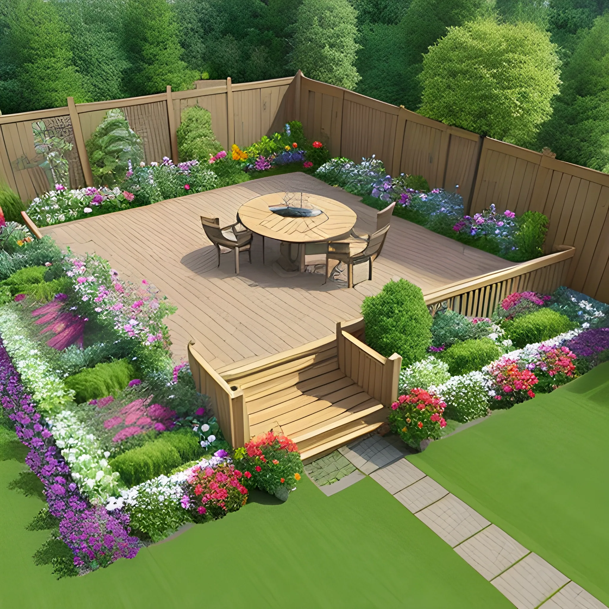 garden layout design, birds-eye view, decking, railway sleeper border, planters, flowers, trees, gravel paths, Water Color
