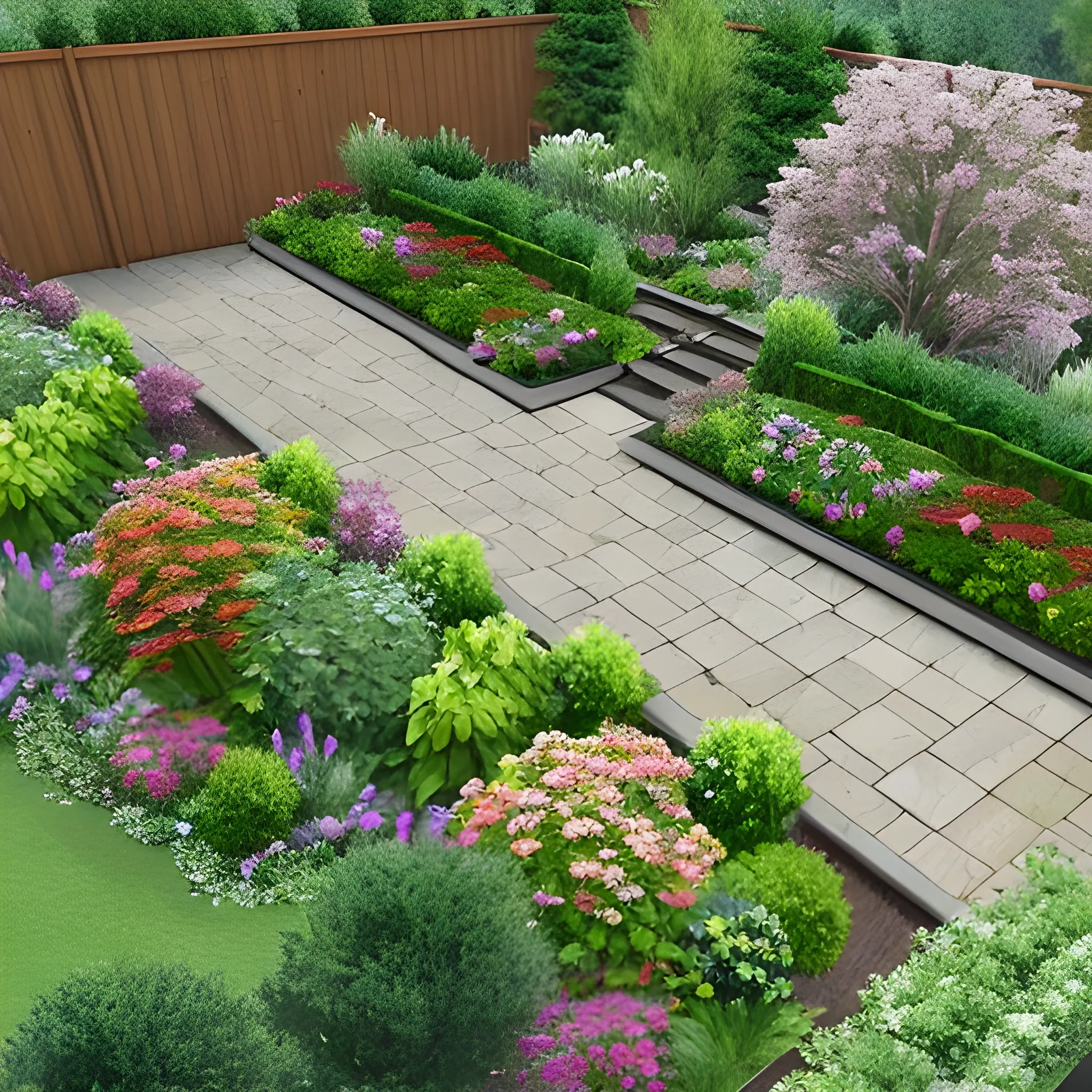 garden layout design, aerial view, railway sleeper border, planters, flowers, trees, decking, gravel paths, Water Color