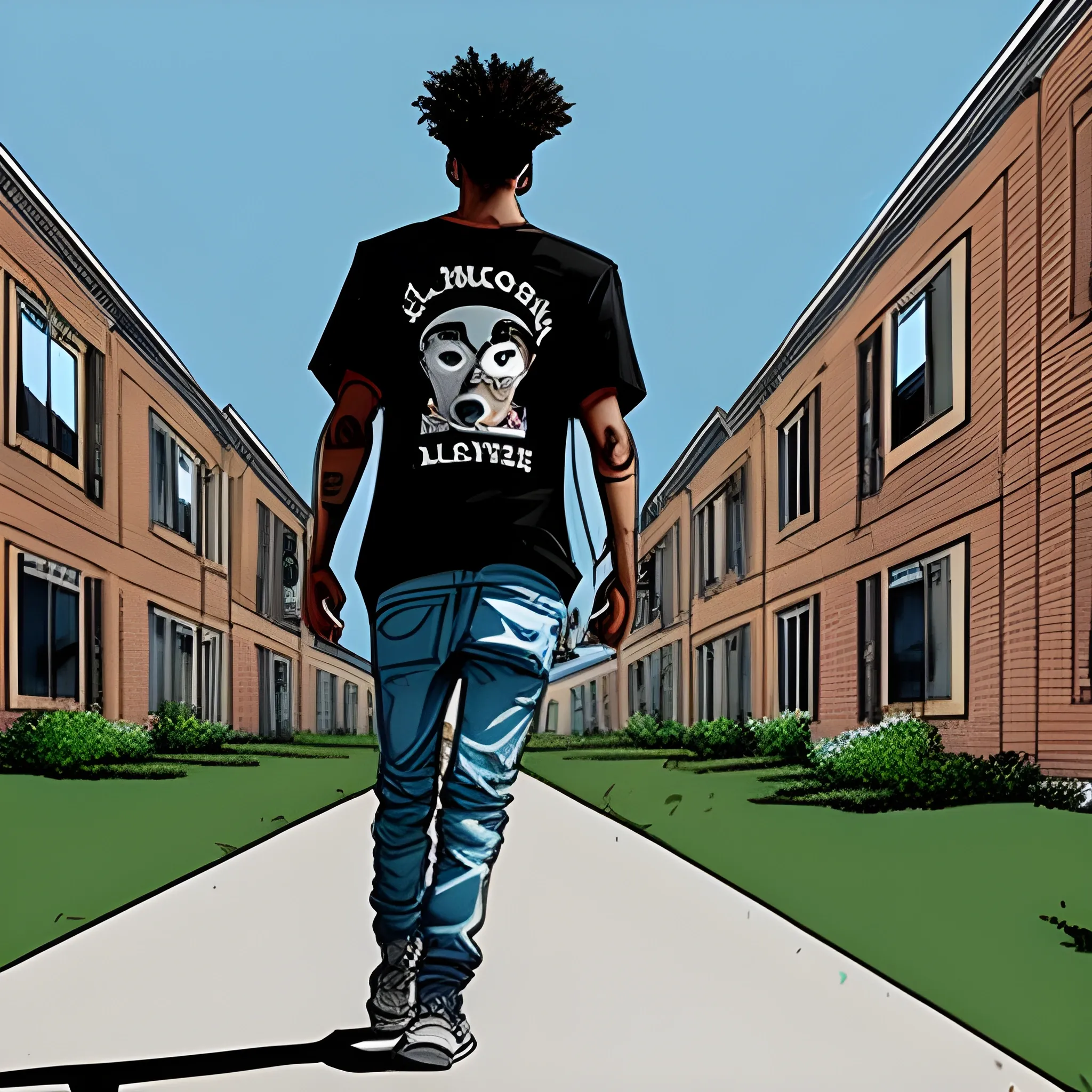 A 21-year-old blood gang member walking backwards through an American housing project, Cartoon