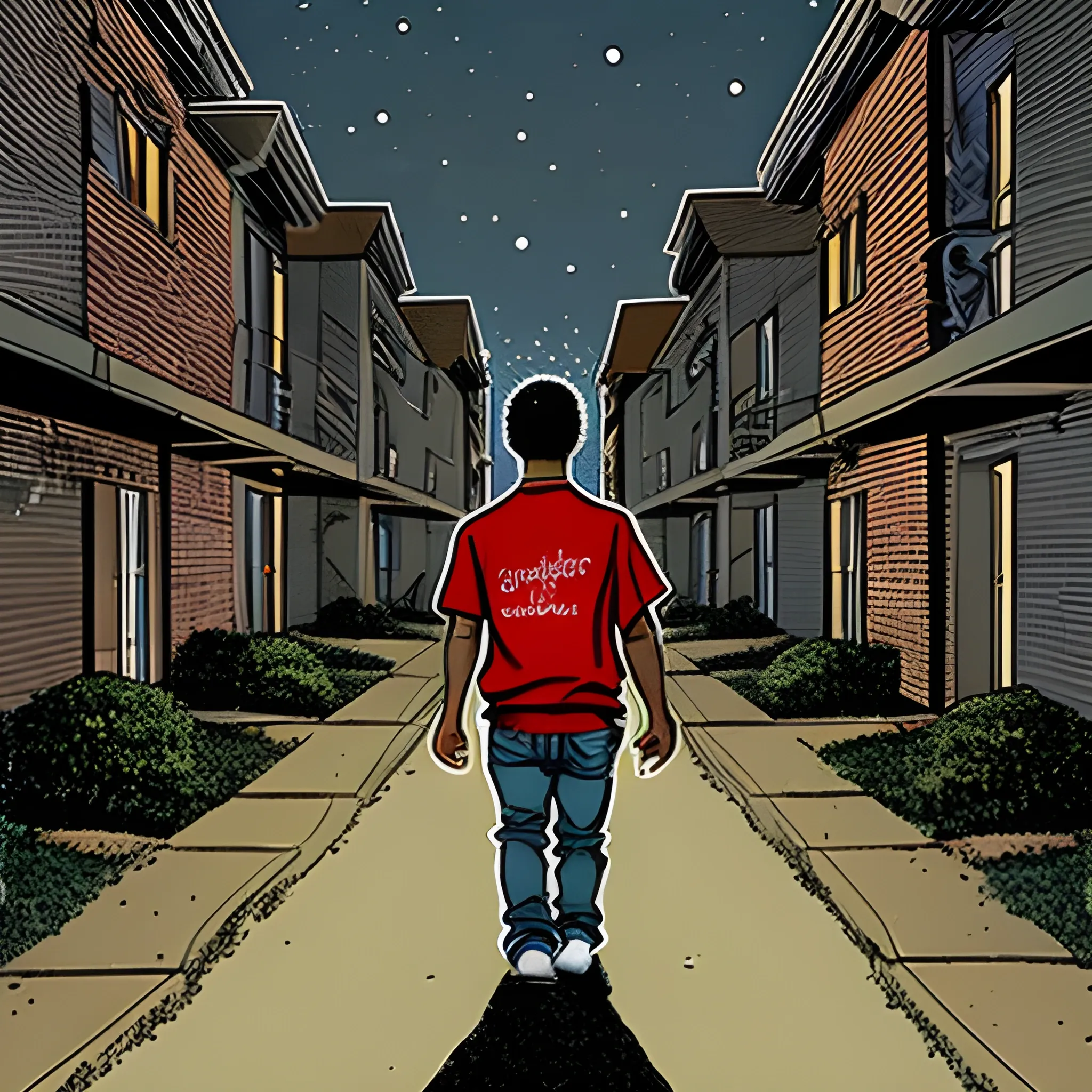 A 21-year-old blood gang member walking backwards through an American housing project, at night, Cartoon


