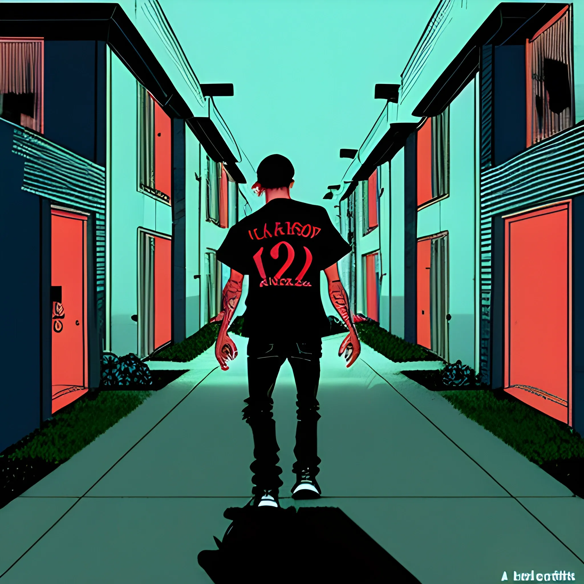 A 21-year-old blood gang member walking backwards through an American housing project, at night. With a 90's video game font title "Moving Backwards".  Cartoon

