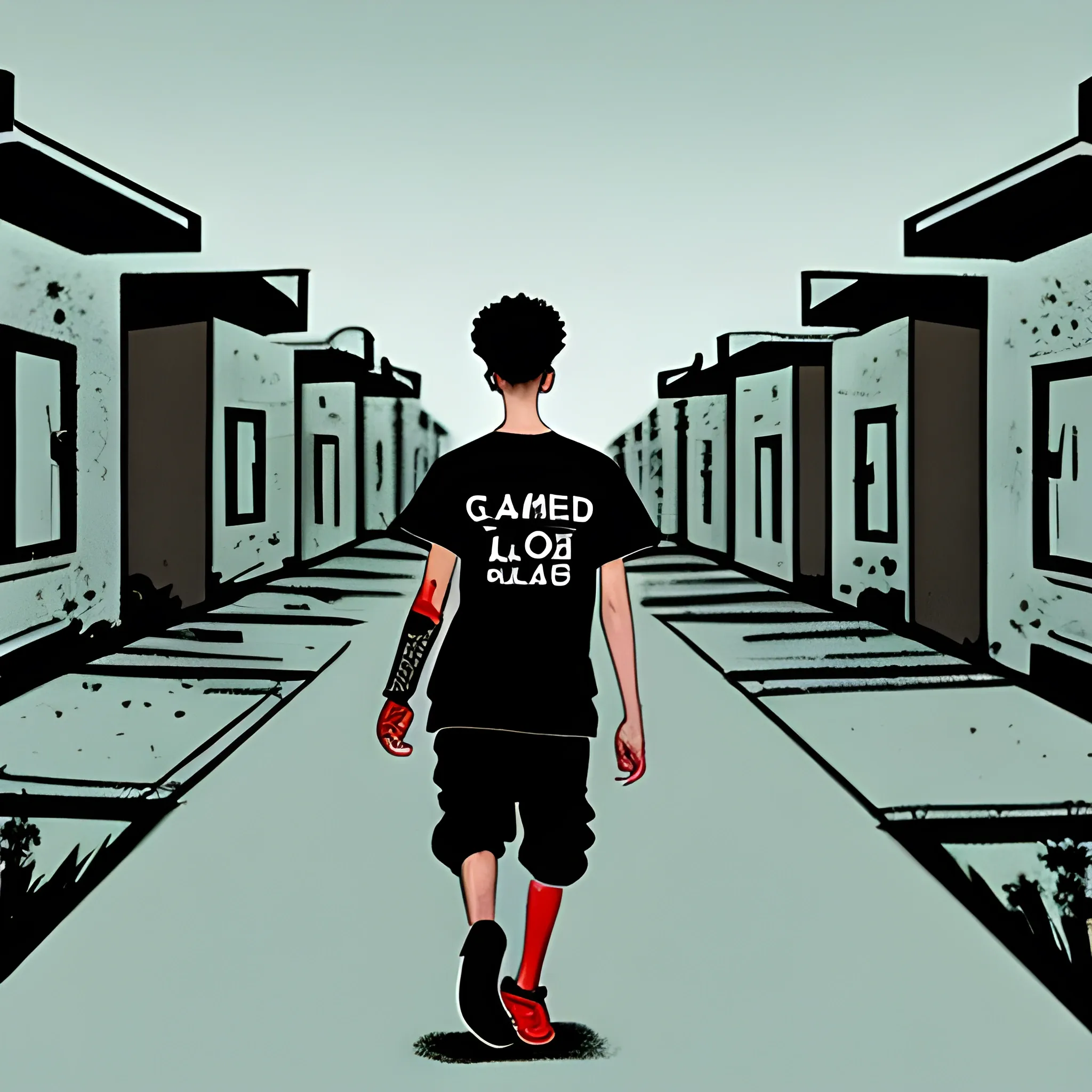 A 21-year-old blood gang member walking backwards through an American housing project, at night.  With Moving Backwards written on his t-shirt.  Cartoon

