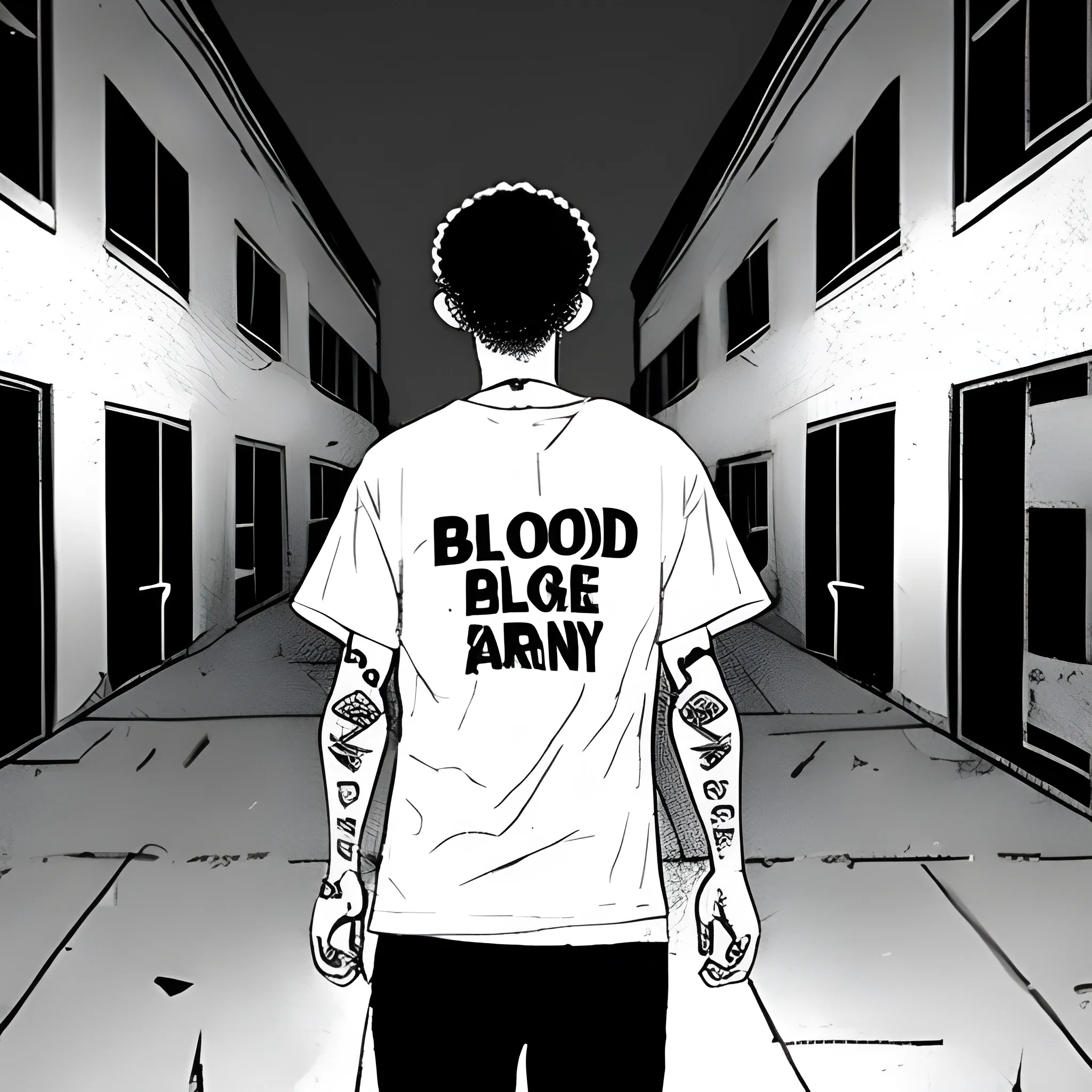 A 21-year-old blood gang member walking backwards through an American housing project, at night.  With Moving Backwards written on his t-shirt in english.  Cartoon

