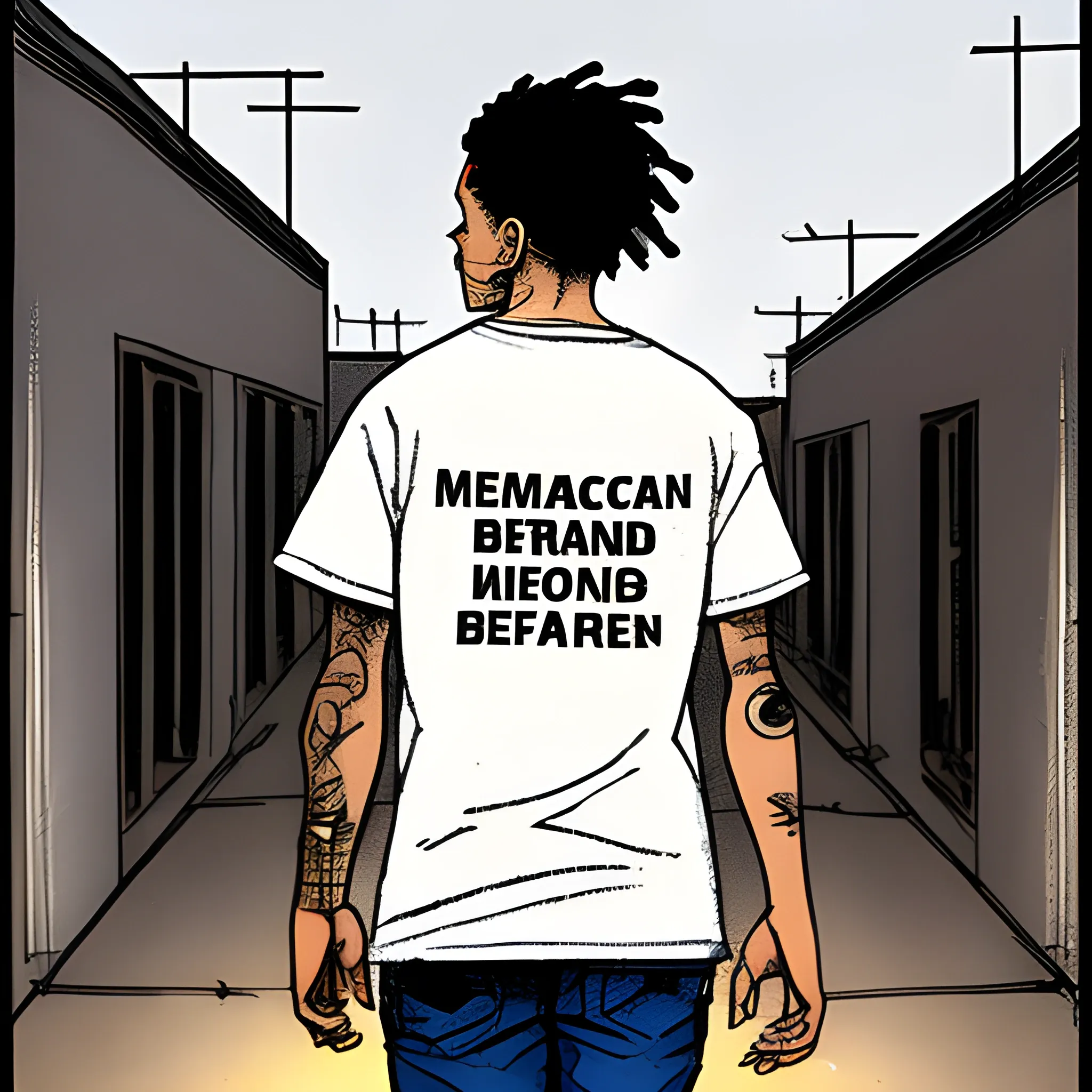A 21-year-old blood gang member walking backwards through an American housing project, at night.  With the words "Moving Backwards" written on his t-shirt in English.  Cartoon

