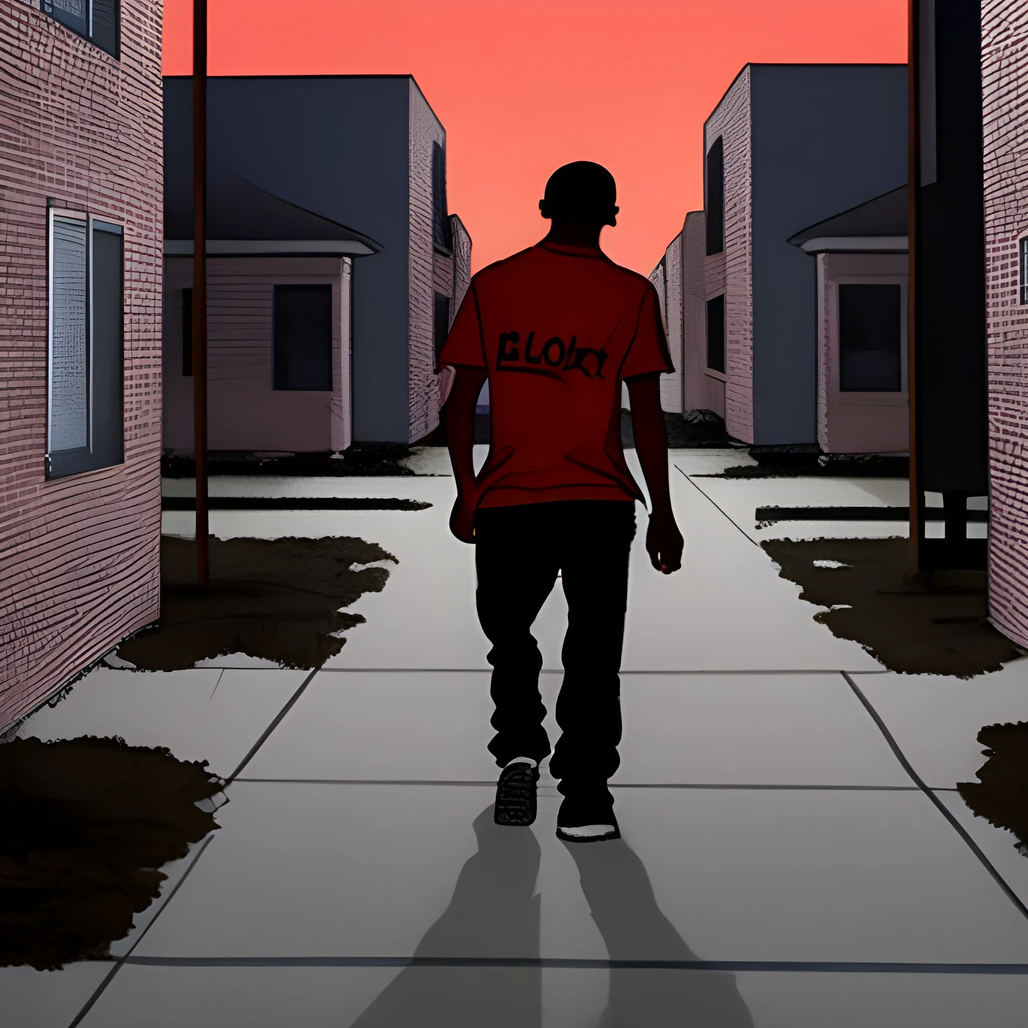 A 21-year-old blood gang member walking backwards through a Flint, MI housing project, at night. Cartoon

