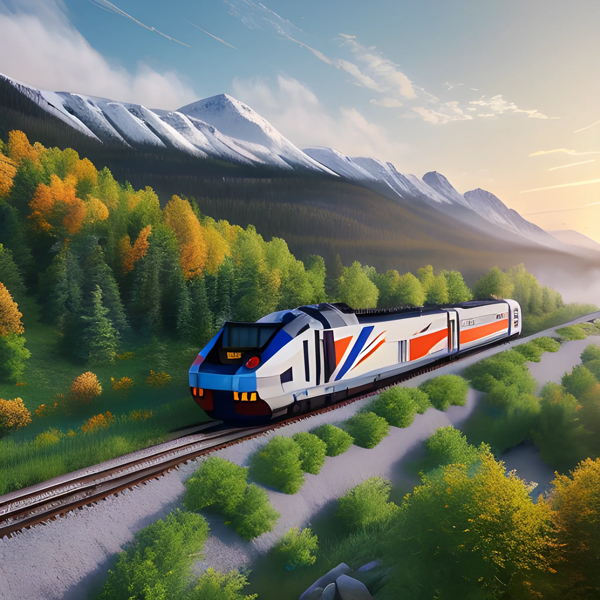 tgv from paris, brand new lego set ( 2 0 2 1 ), retail price 4 5 0, ultra realistic, uhd, 8 ka view from a mountain in Canada, green grass, Indian Summer, leafs falling, fog, warm light, fine details, high definition, realism, sunrise, raytracing, spectacular light, HD, 8k, it starts snowing