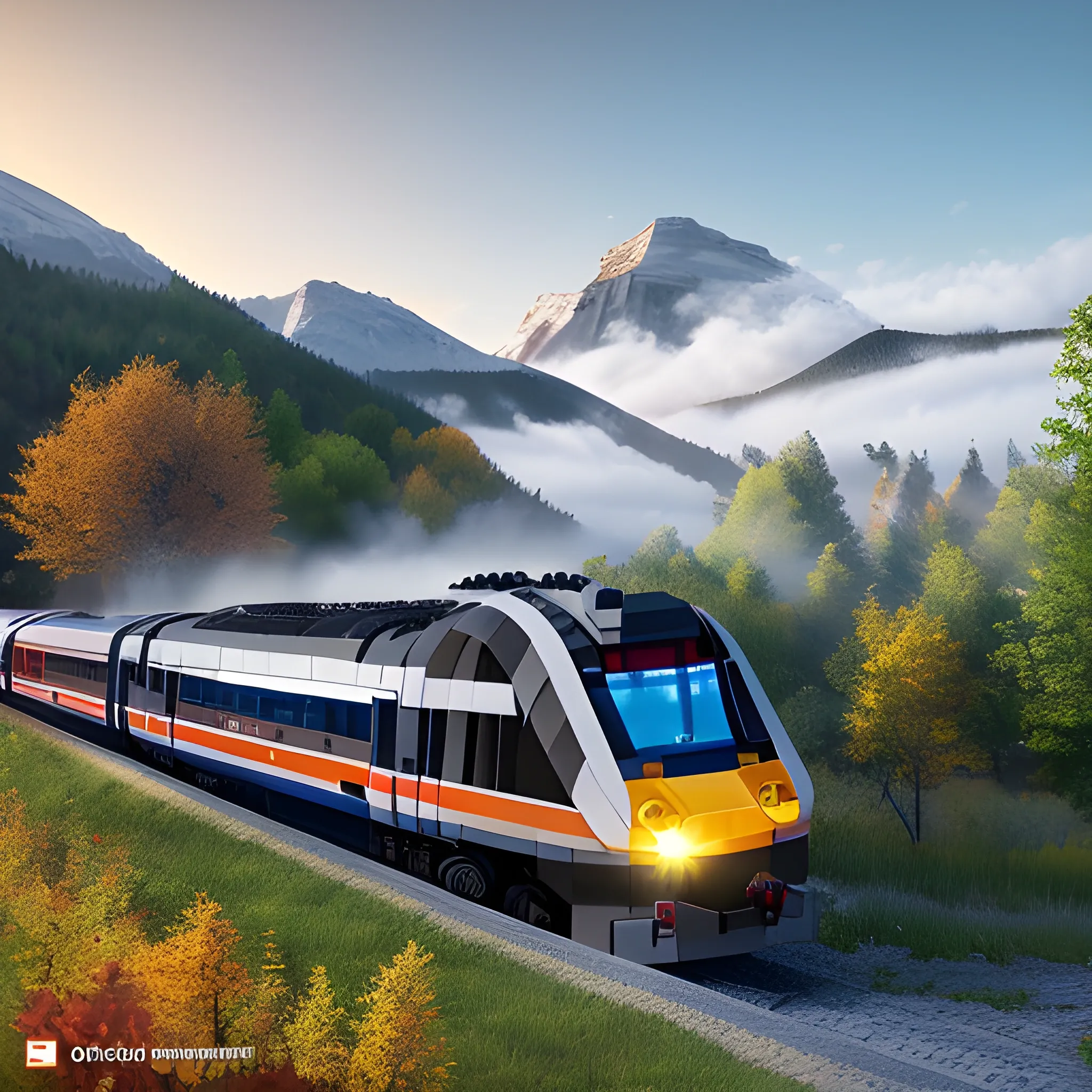 tgv from paris, brand new lego set ( 2 0 2 1 ), retail price 4 5 0, ultra realistic, uhd, 8 ka view from a mountain in Canada, green grass, Indian Summer, leafs falling, fog, warm light, fine details, high definition, realism, sunrise, raytracing, spectacular light, HD, 8k, it starts snowing