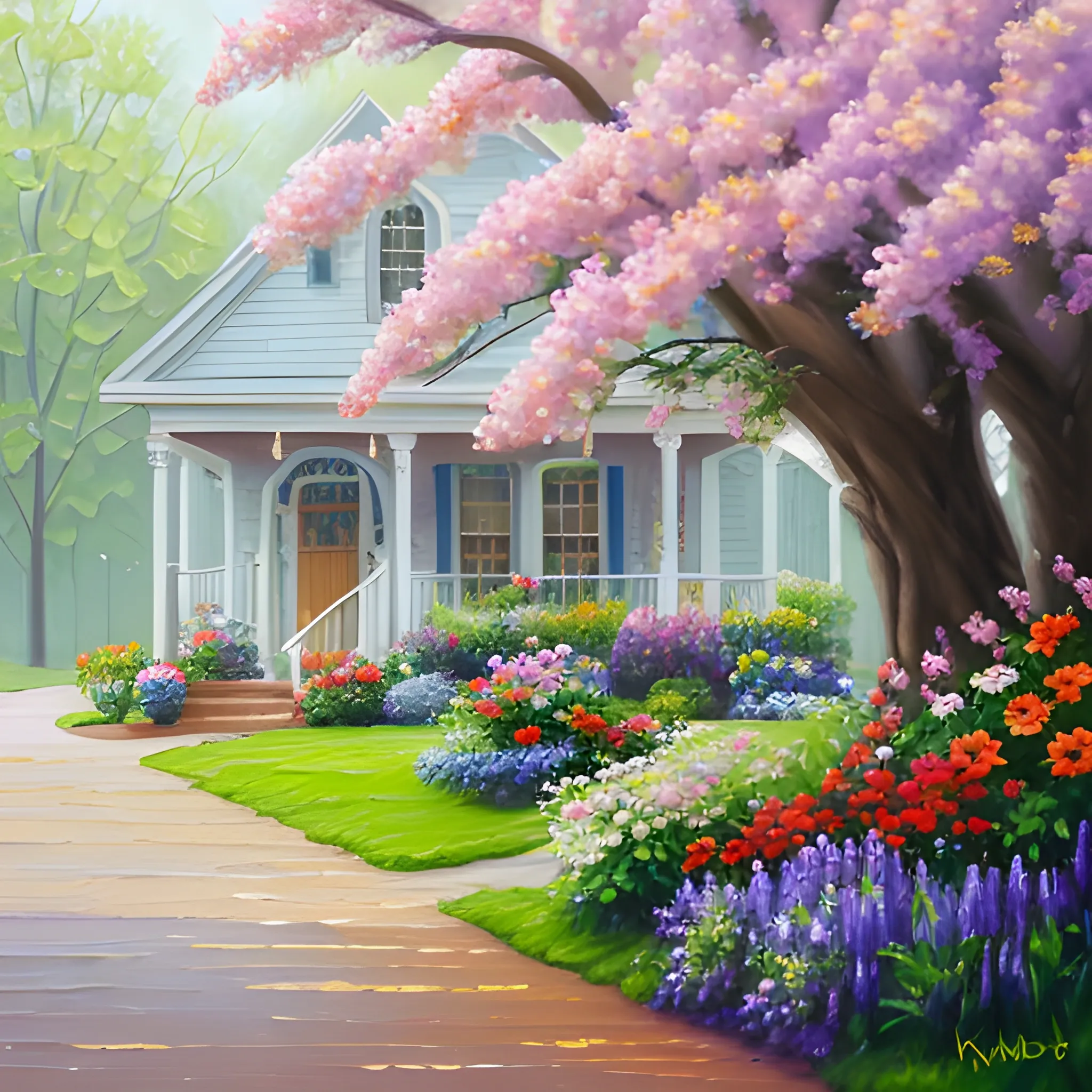 April showers bring May flowers, in the style of Thomas Kincaid, Oil Painting