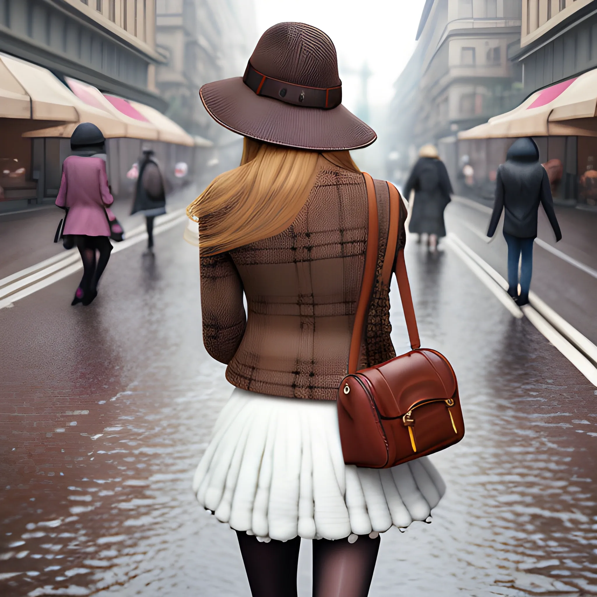 ((best quality)), ((masterpiece)), (detailed), ((woman)), dark blond hair, caucasian, top, (cotton:1.5) mini skirt, form-fitting, (short:1.2) (wollen:1.3) jacket in brown color, highly detailed clothes, checkered, high heels ankle boots, (woolen hat:1.2), pantyhose, (shoulder bag:1.2), from behind, walking on the street, rain, masterpiece, contrasting soft skin, (lighting:1.2)