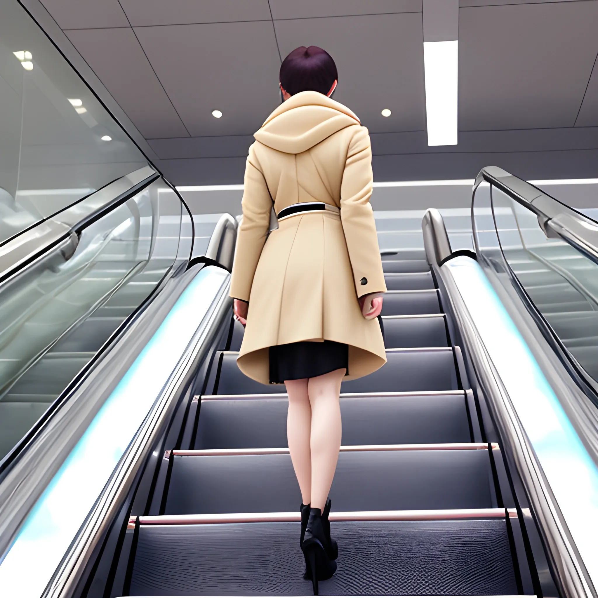 Escalator skirt ascent、the coat is short、Lower body close-up、looks from behind、The camera angle is very low、Slouched、Slouched、Protruding buttocks
