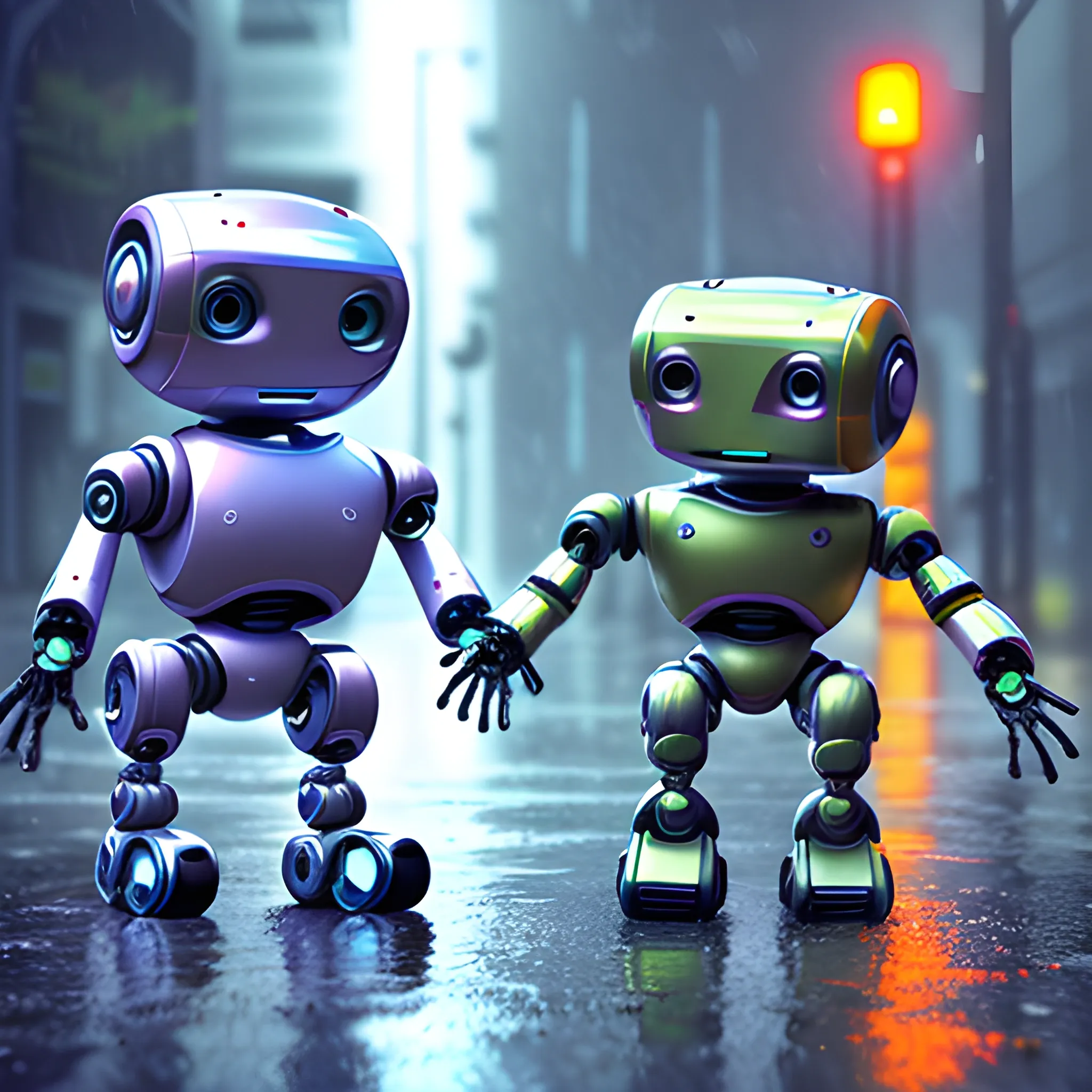 robots are dancing in the rain, 3D, reflections, best quality, masterpiece, ultra high res, photorealistic, Chalk, Photo, Realistic, 3D Render, Subsurface Scattering