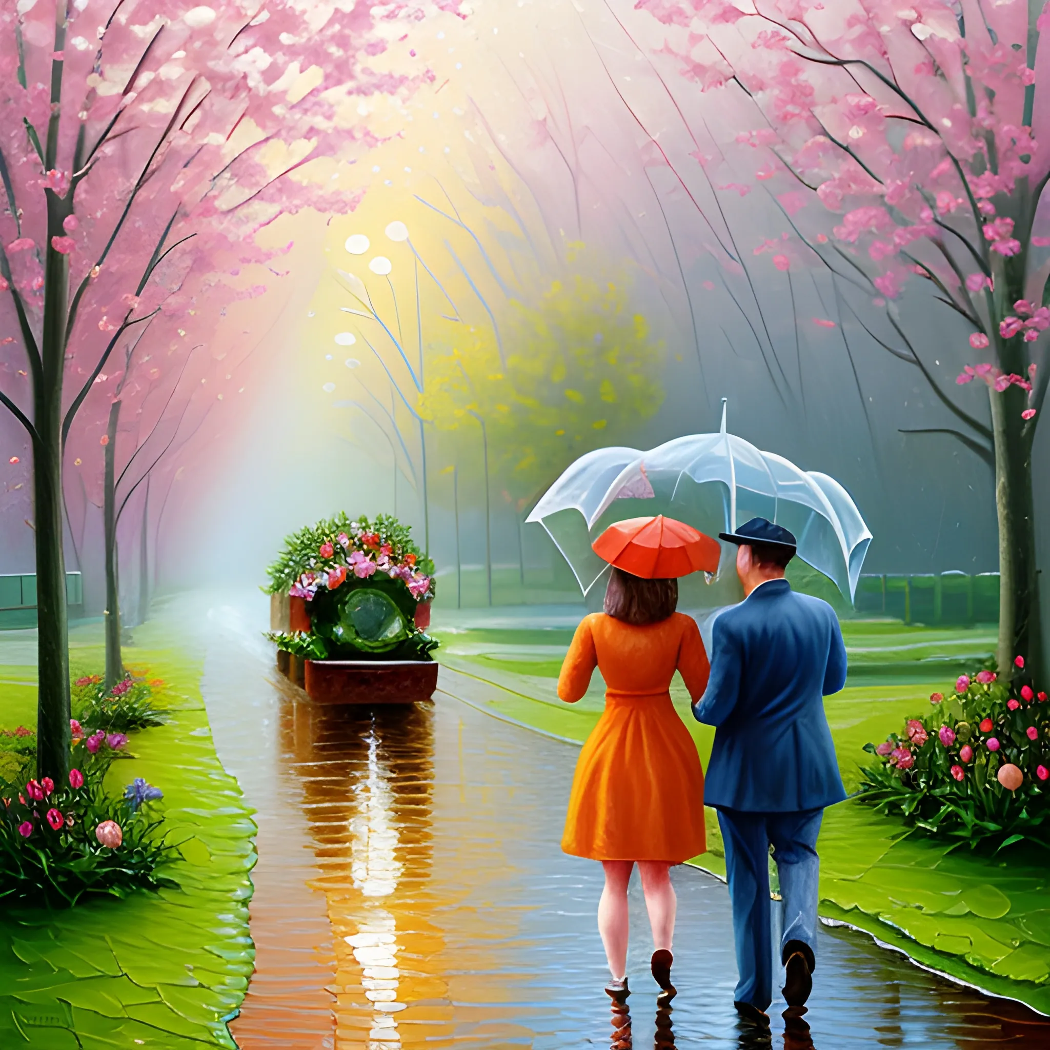 April showers bring May flowers, in the style of Thomas Kincaid, Oil Painting