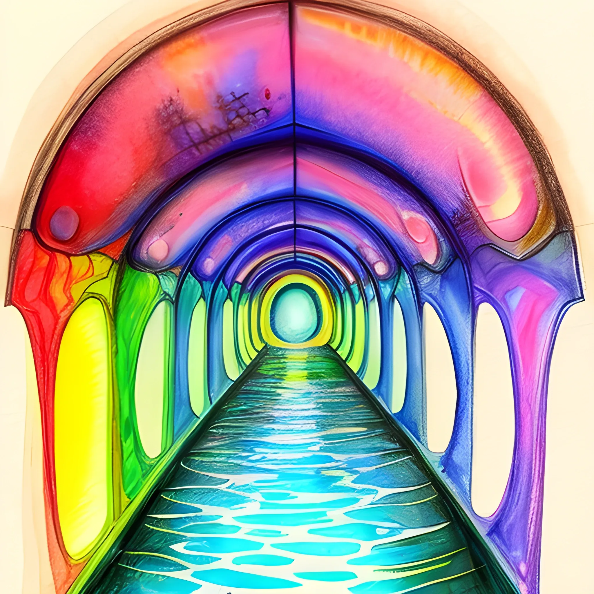 psychedelic tunnel with water, Water Color, Pencil Sketch