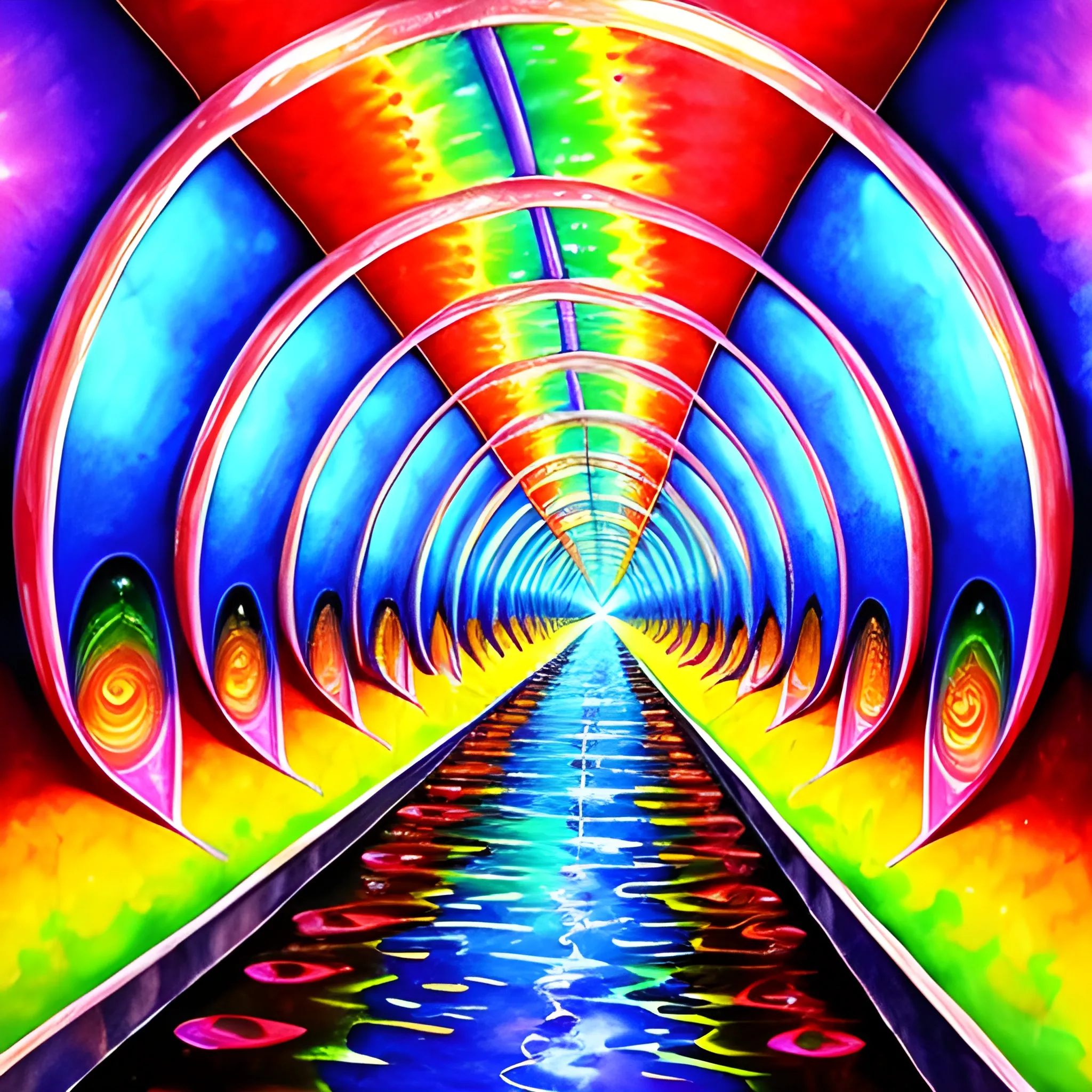 psychedelic electric tunnel with water, Water Color, Oil Painting