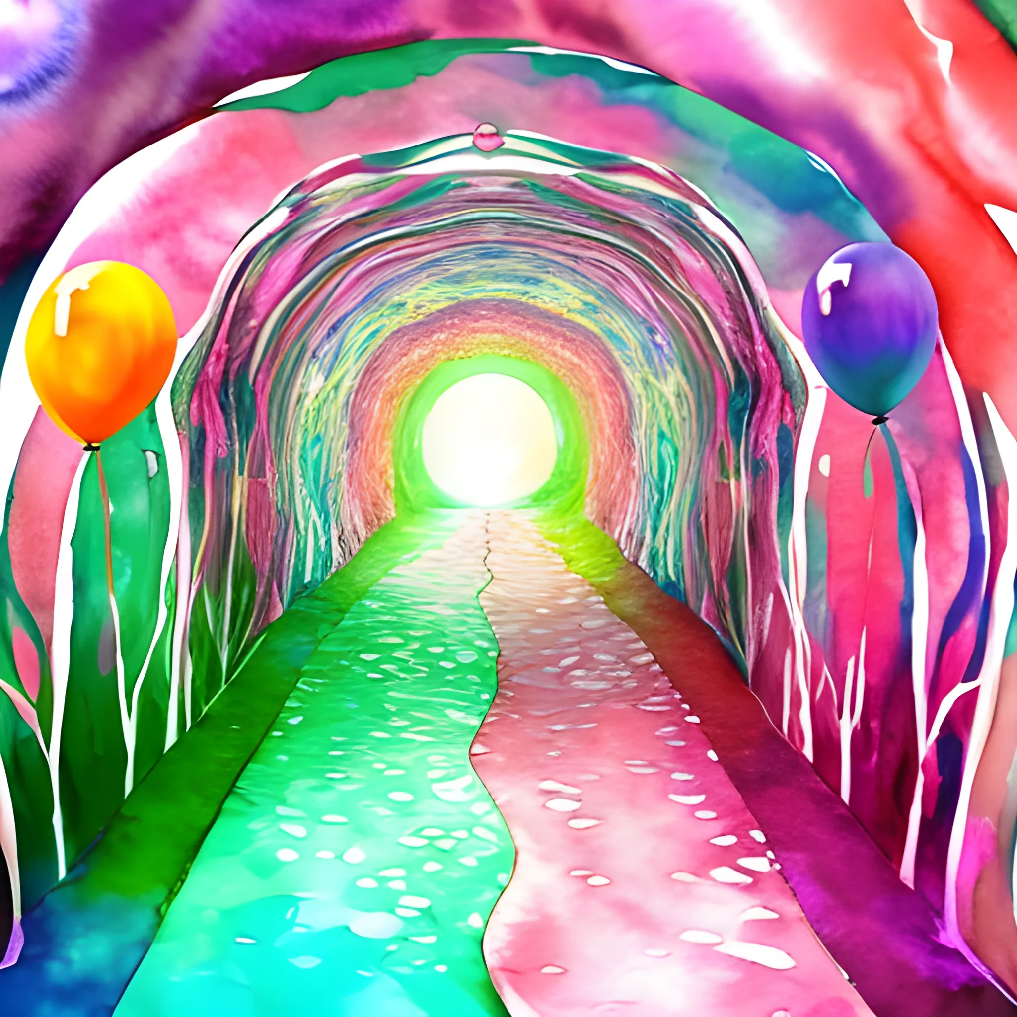 psychedelic tunnel with water, Water Color, pink, skin, balloons in the shape of a 3 and a 5