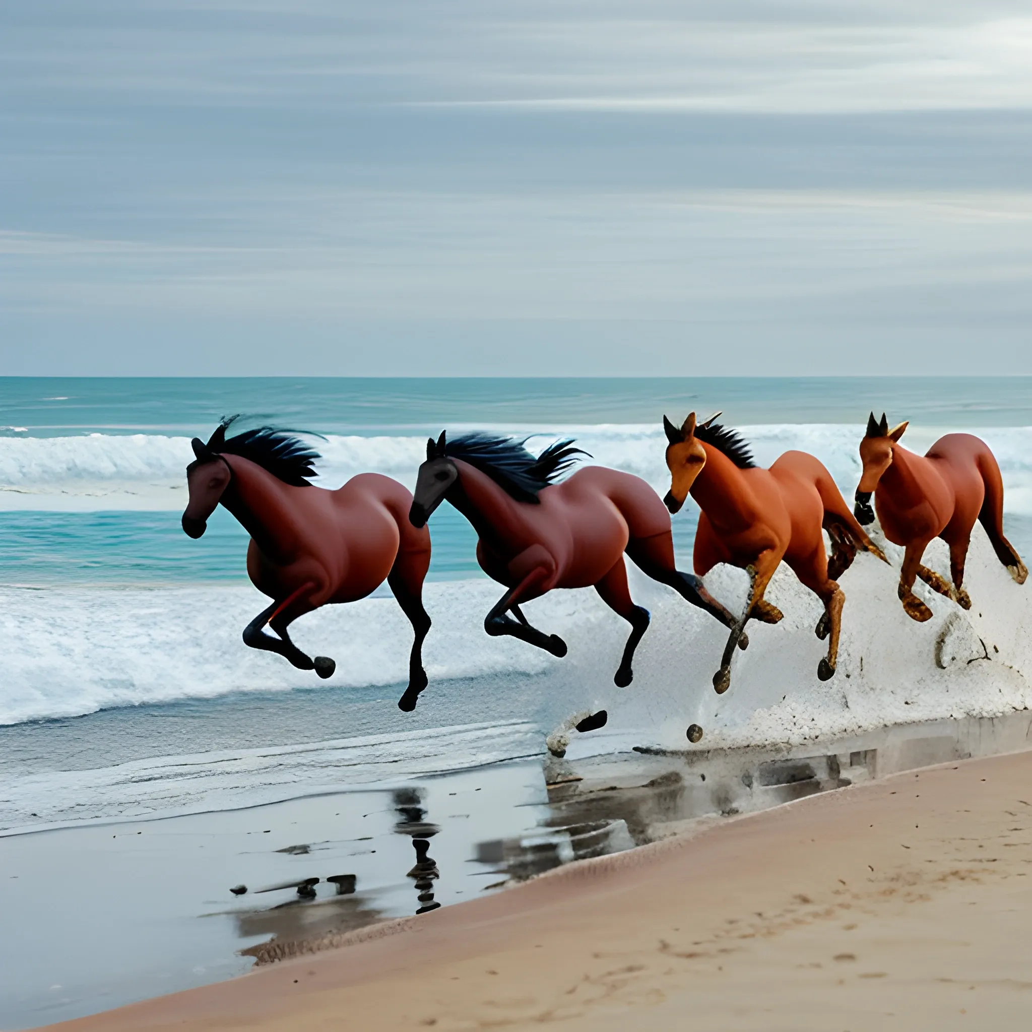 horses running on the beach.