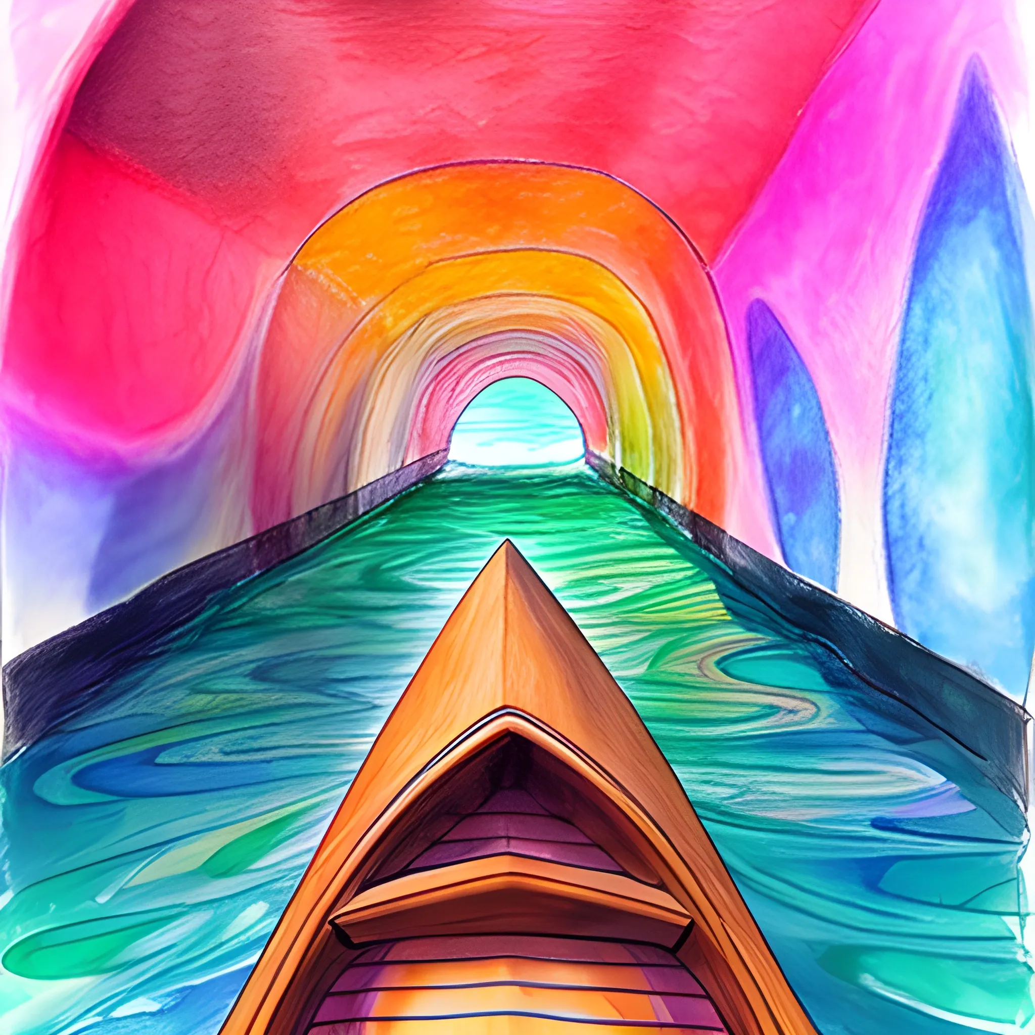 psychedelic tunnel with water and the tip of a canoe, Water Color, pink, skin, Pencil Sketch