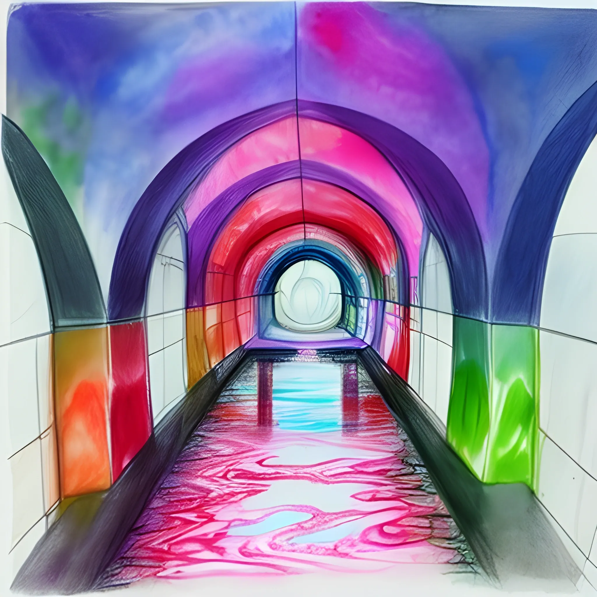 psychedelic tunnel with water, Water Color, pink, skin, Pencil Sketch