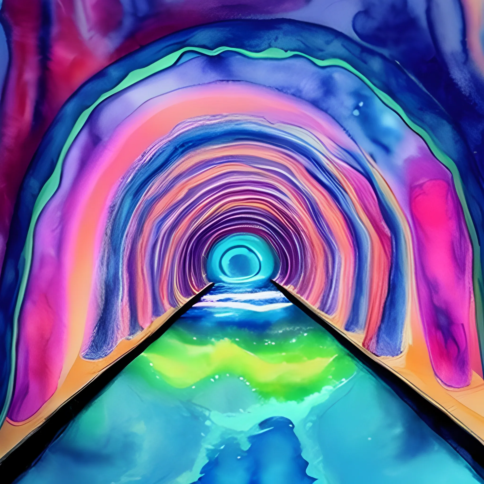 psychedelic tunnel with water, night, Water Color, pink