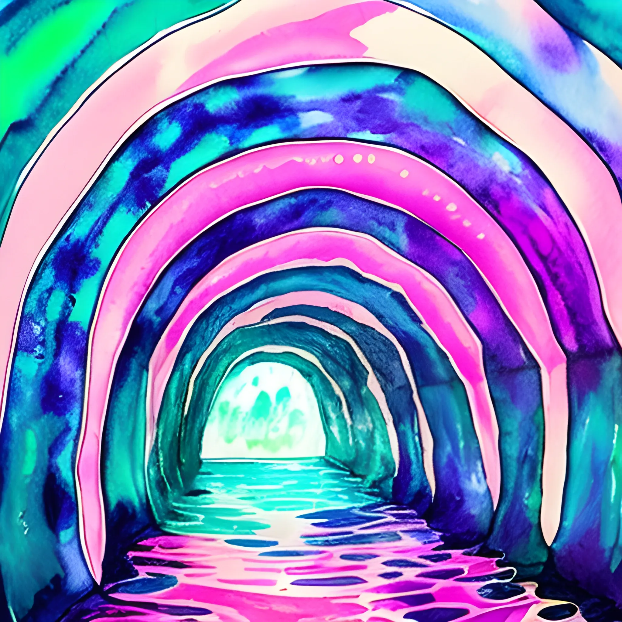 psychedelic tunnel with water, night, Water Color, pink