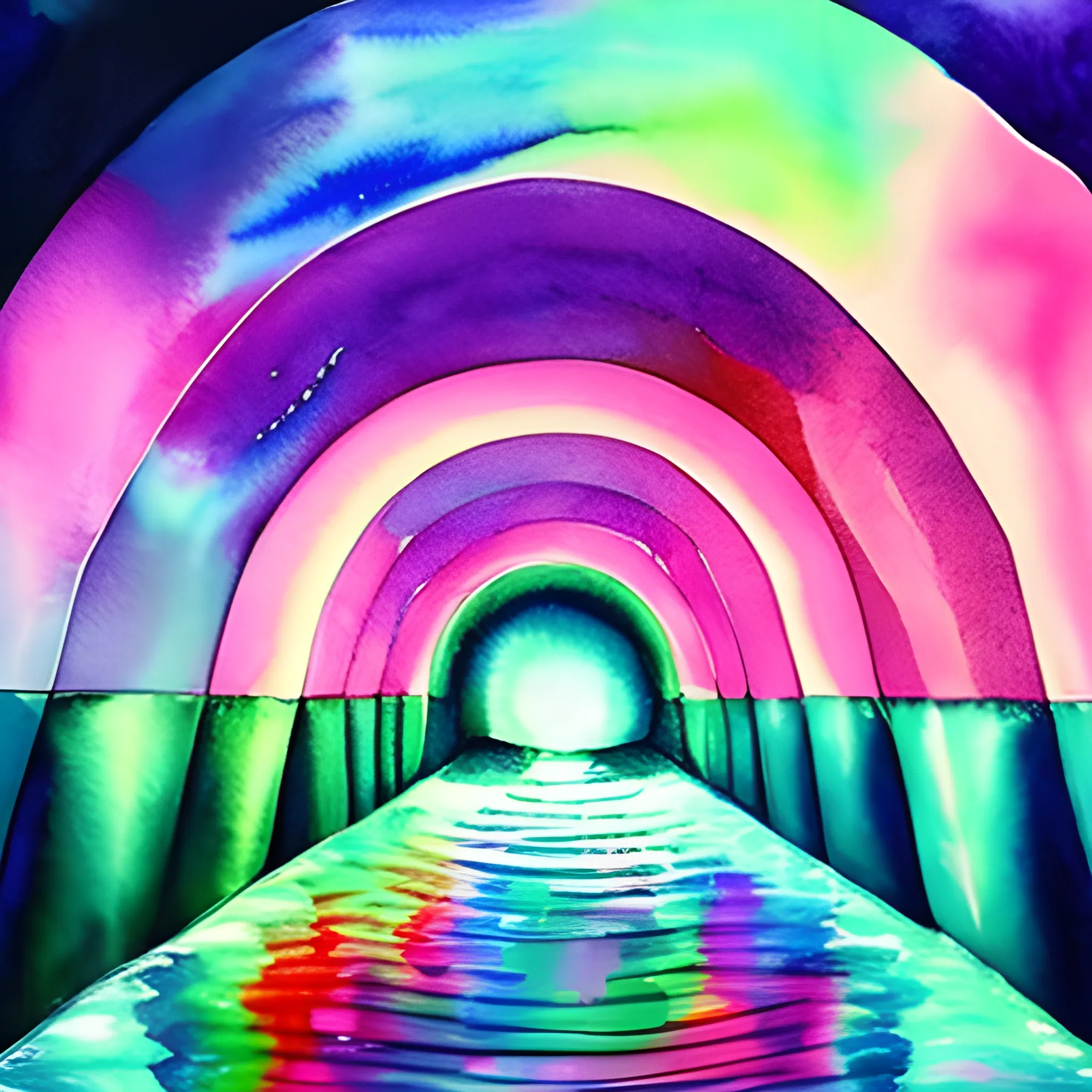 psychedelic tunnel with water, night, Water Color, pink