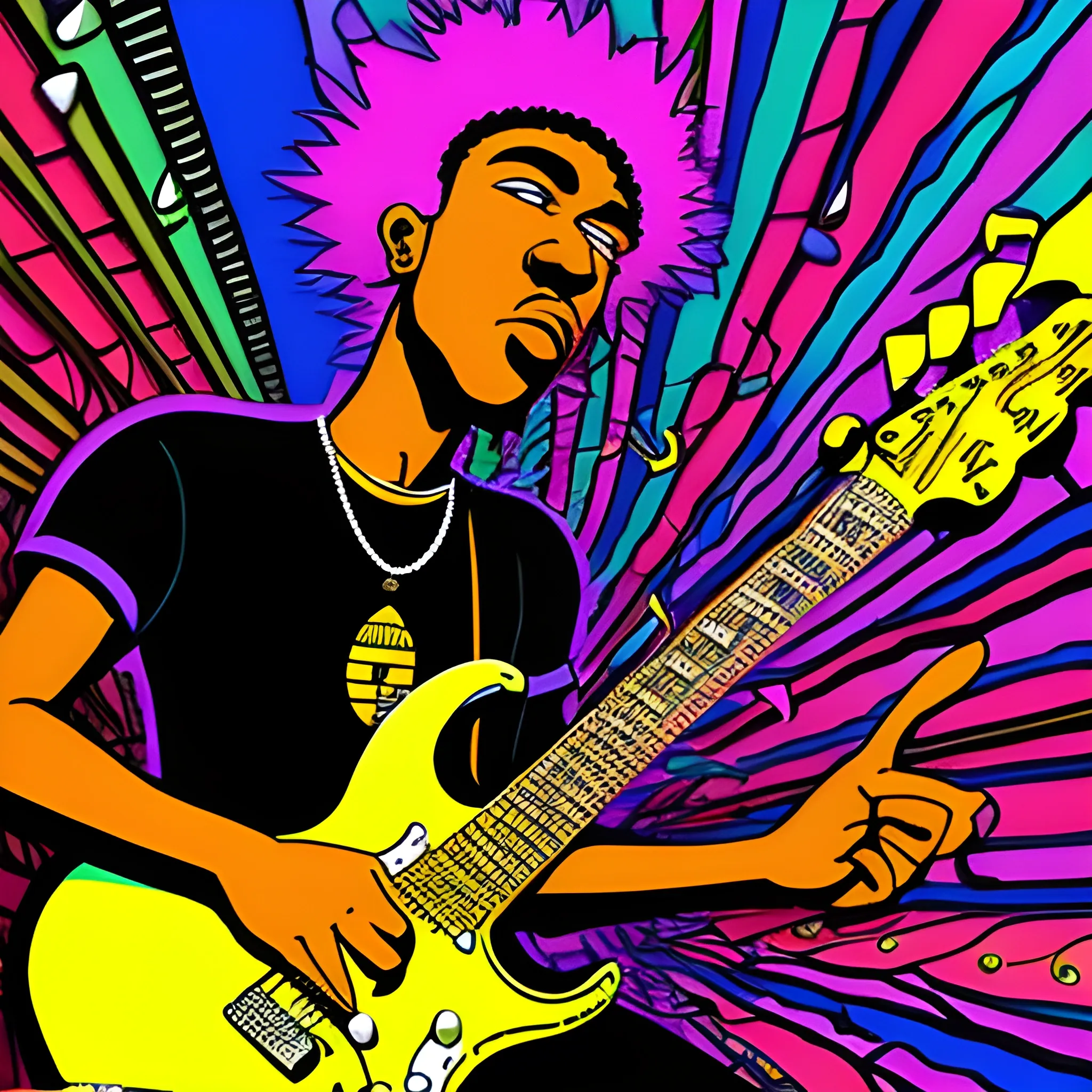 Majestic black guitarist , Trippy, Cartoon