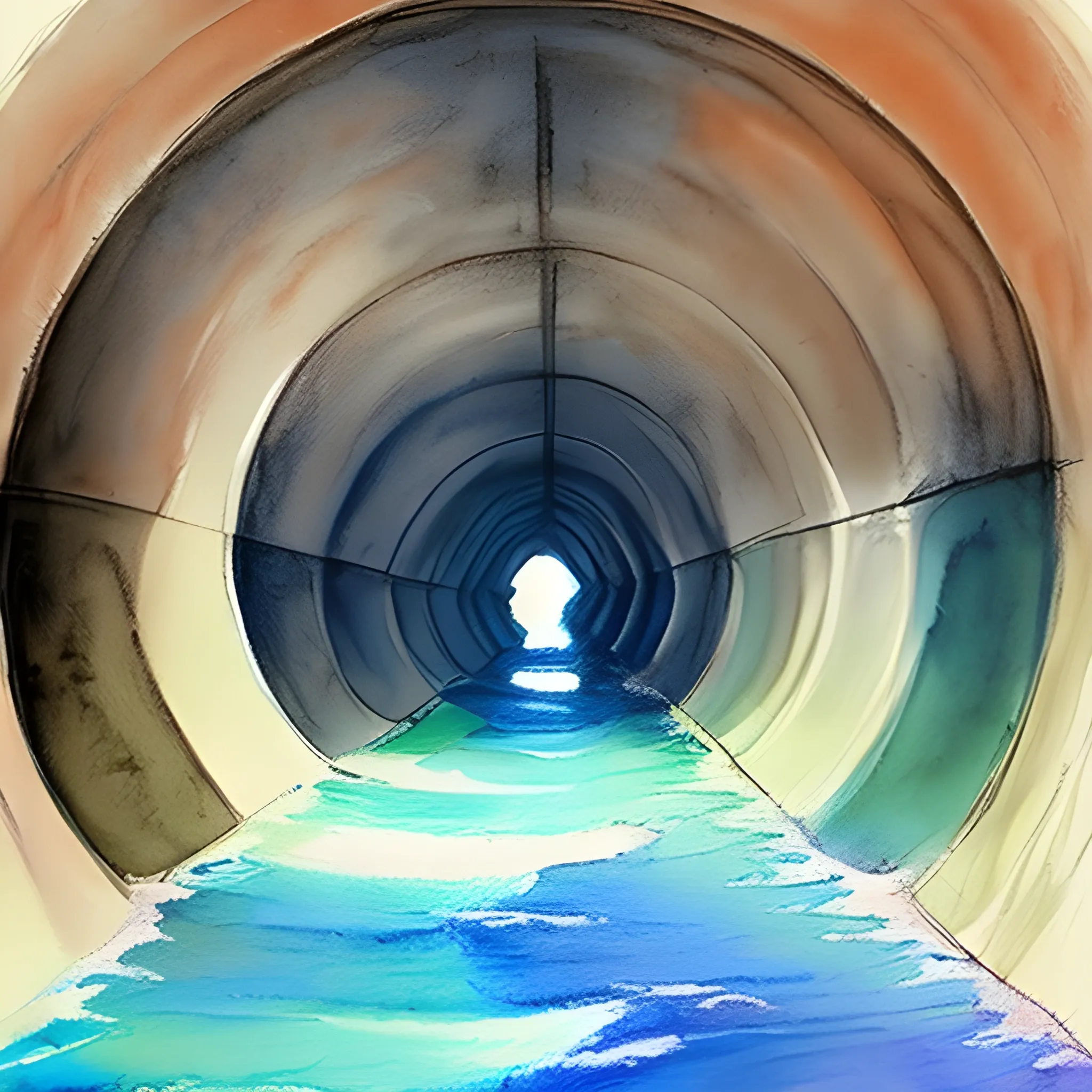 long dark tunnel with water, pastel, Water Color