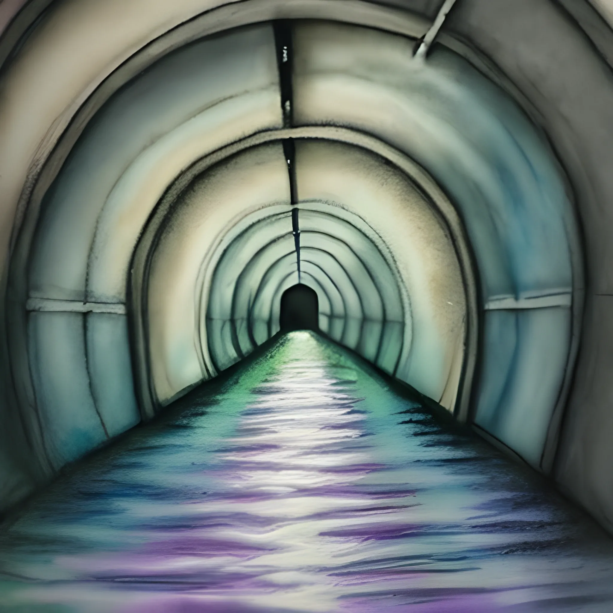 long dark tunnel with water, pastel, Water Color