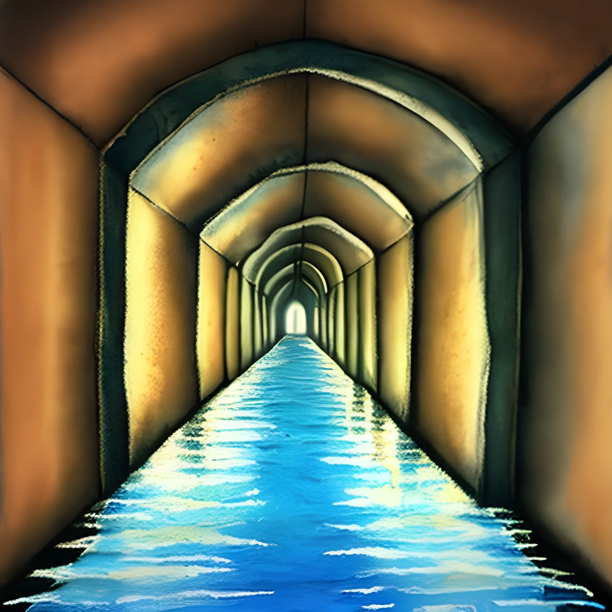 long dark tunnel with water, floating "3" and "5", pastel, Water Color