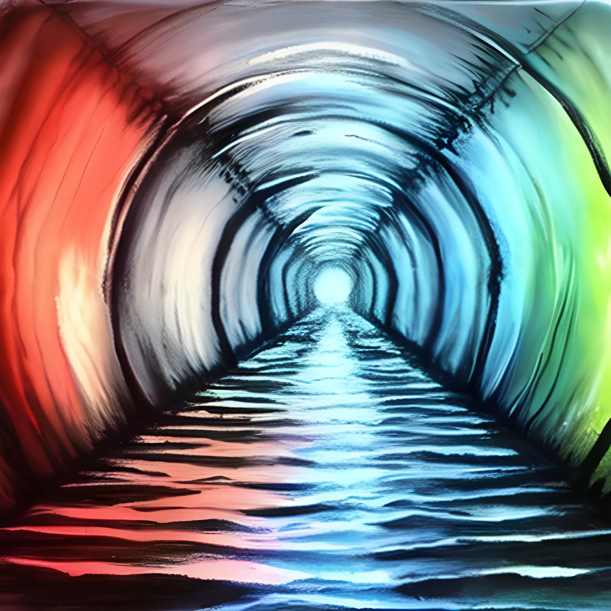 very long dark tunnel with water, pastel, Water Color