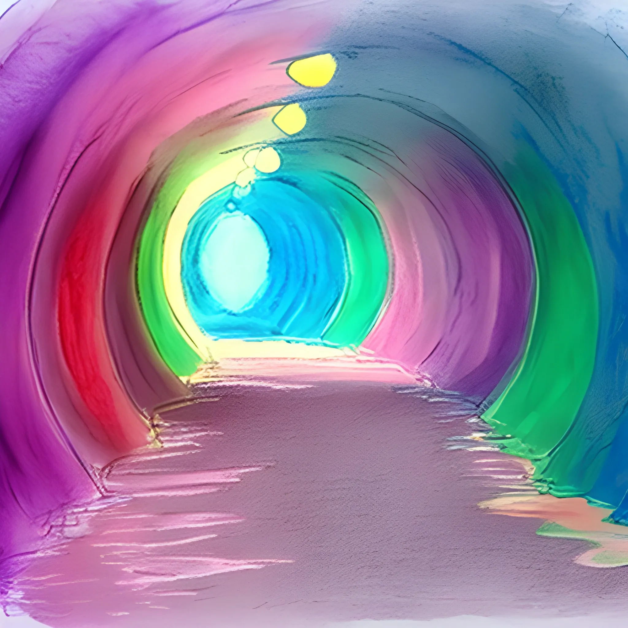 very long dark organic tunnel, pastel, pink, water color