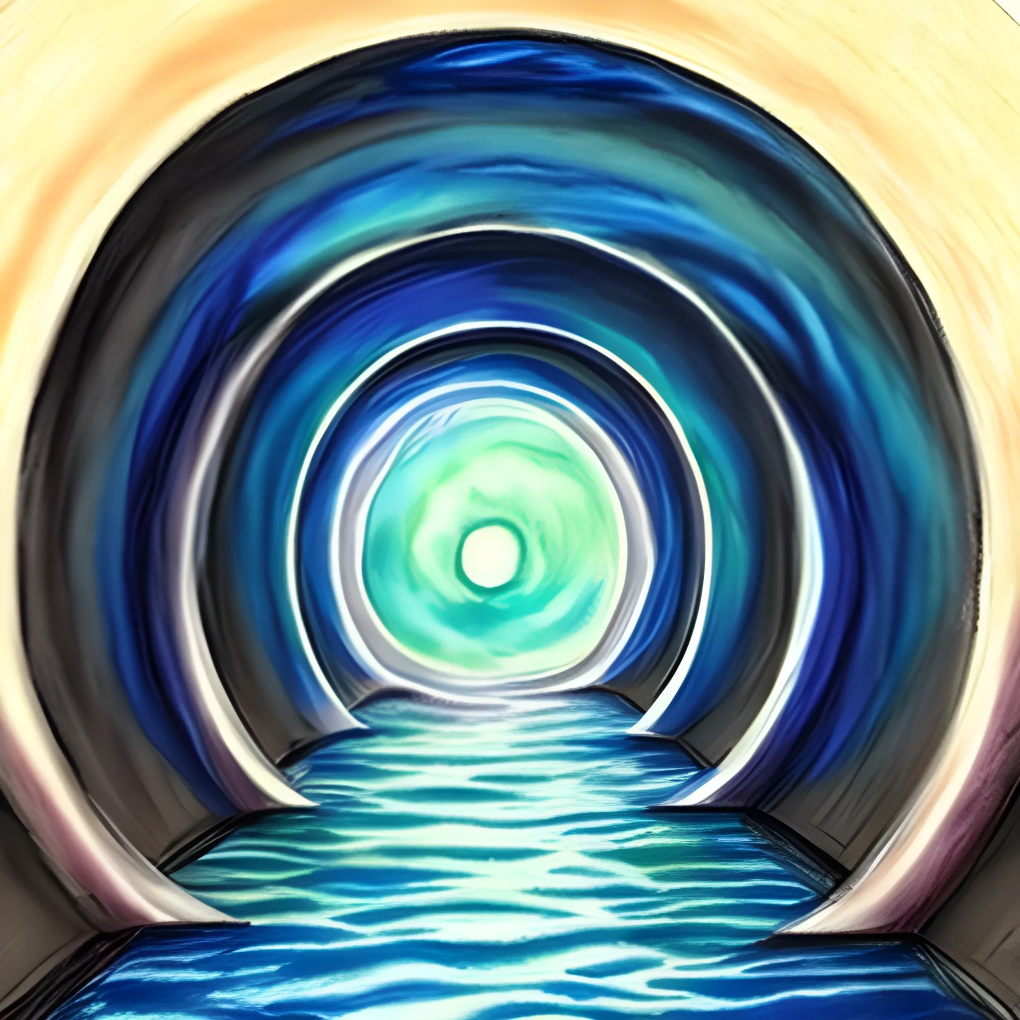 infinite dark tunnel with water, pastel, water color