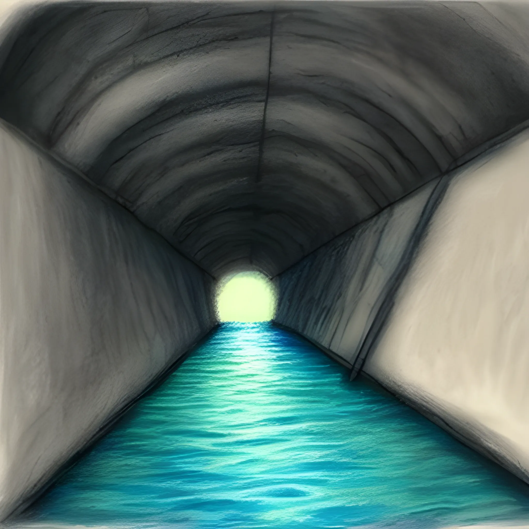 infinite dark tunnel with water, pastel, water color